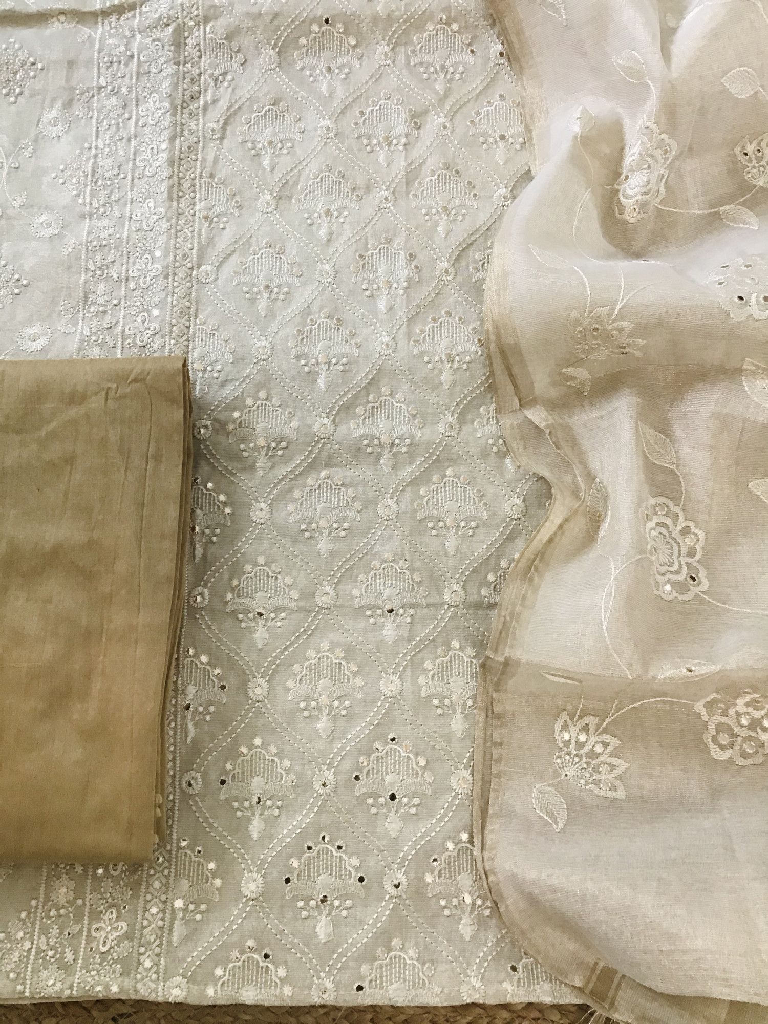 Pure Tissue Chanderi Embroidered Suit - Beige