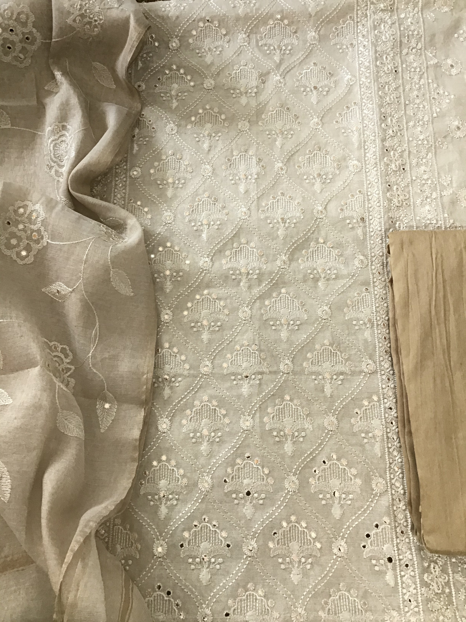 Pure Tissue Chanderi Embroidered Suit - Beige