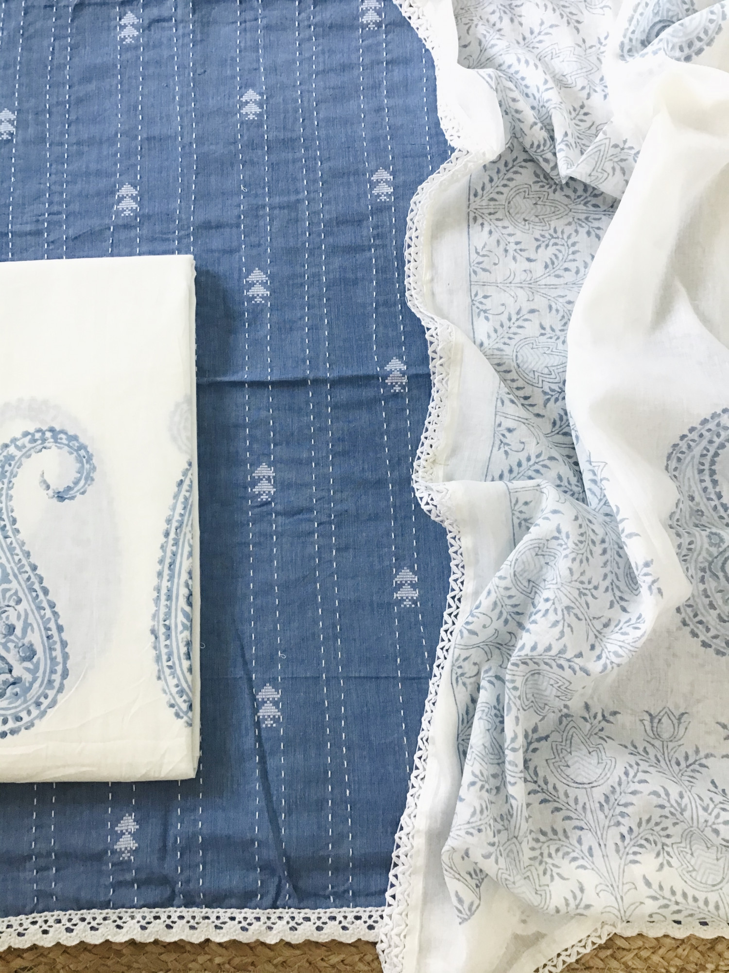 Pure Handloom Cotton Self Weaved Embroidered Suit - Blue