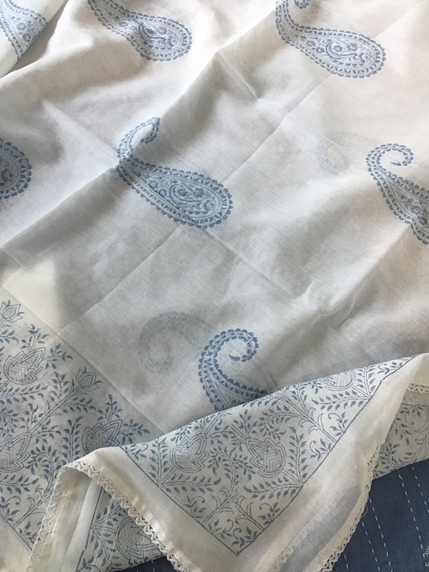 Pure Handloom Cotton Self Weaved Embroidered Suit - Blue