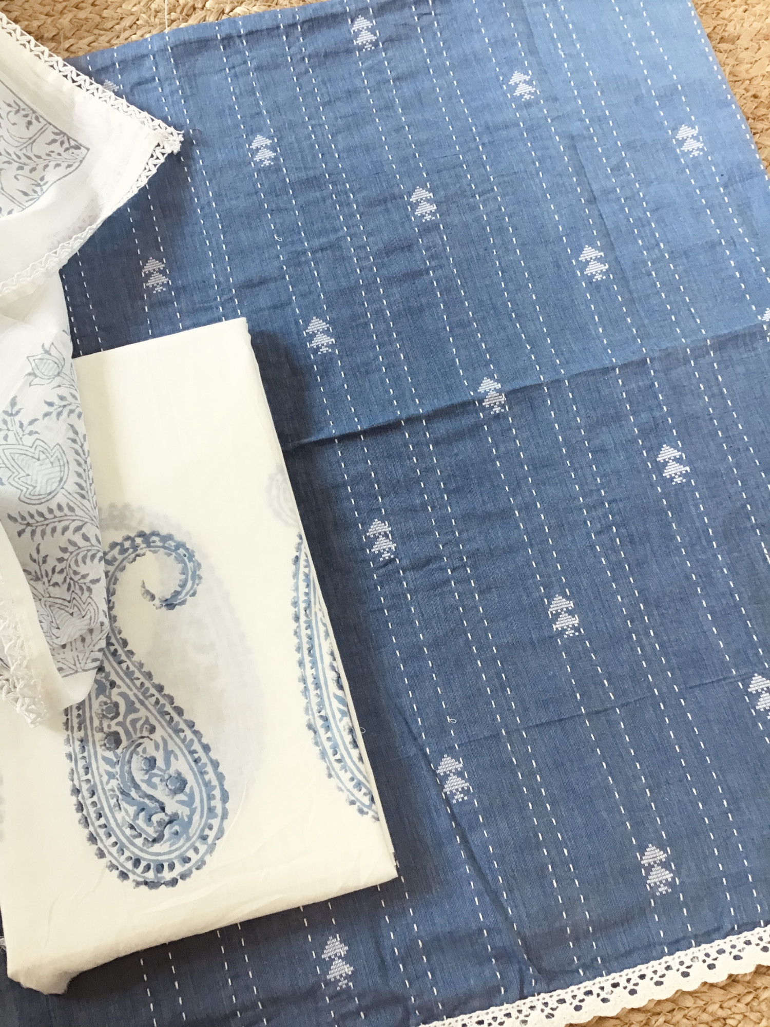 Pure Handloom Cotton Self Weaved Embroidered Suit - Blue