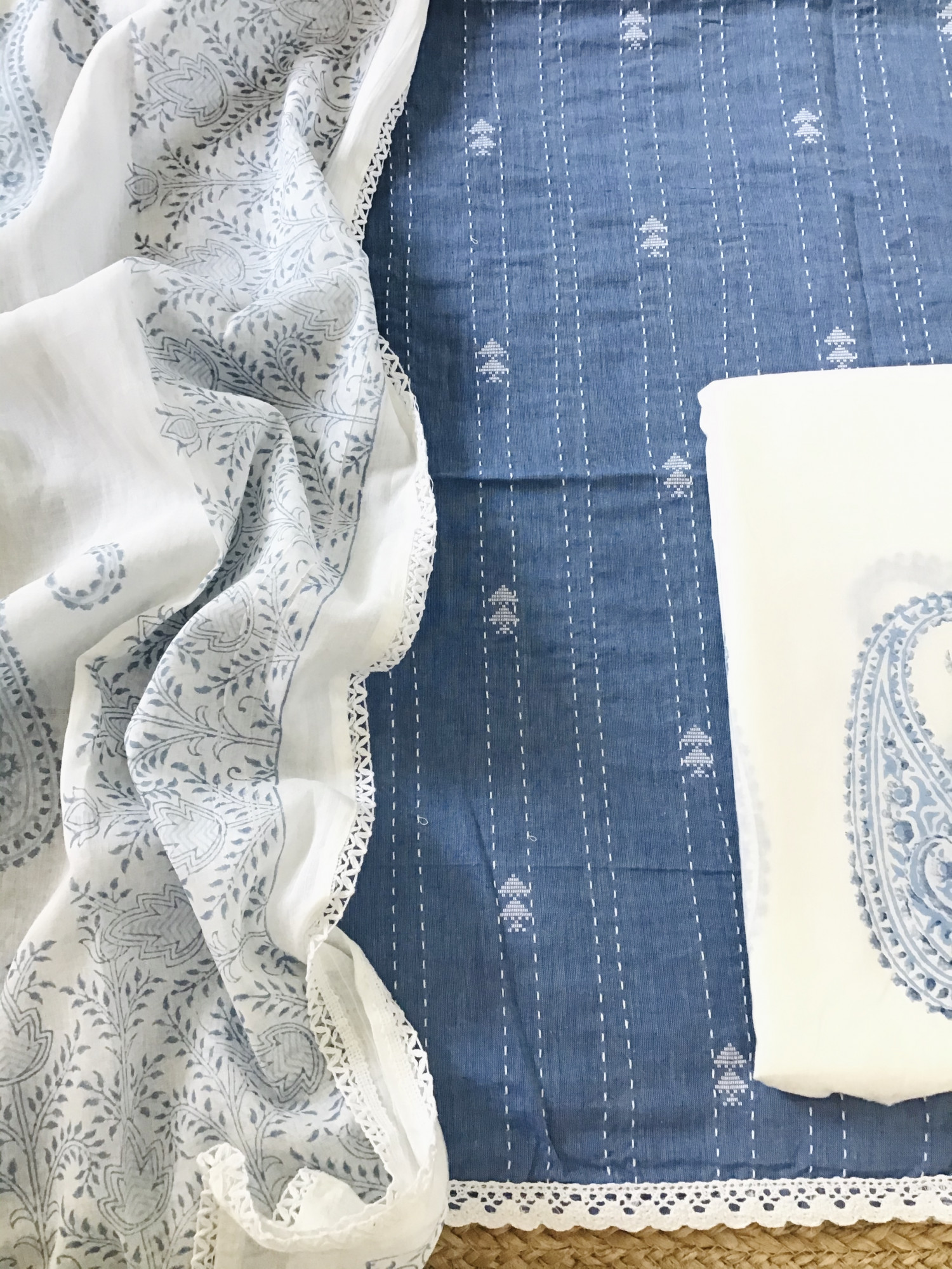 Pure Handloom Cotton Self Weaved Embroidered Suit - Blue