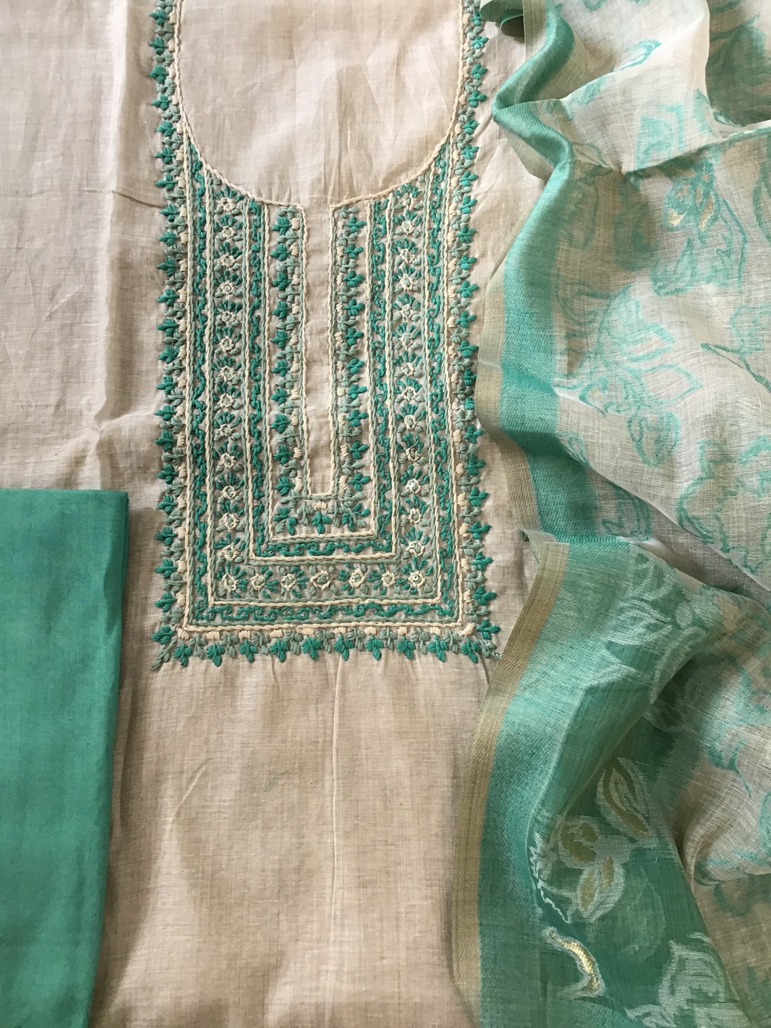 Soft Slub Chanderi Embroidered Suit - Beige