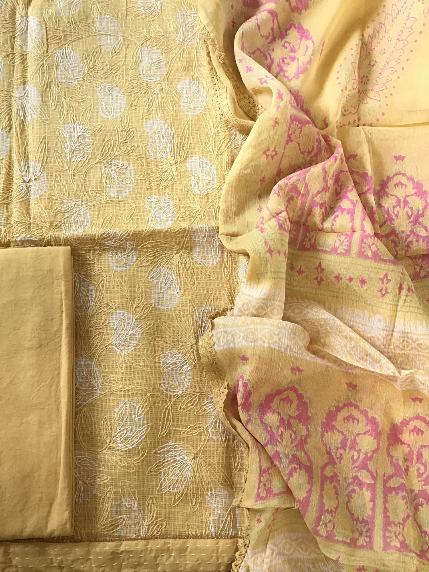 Pure Kota Cotton Printed Embroidered Suit - Yellow