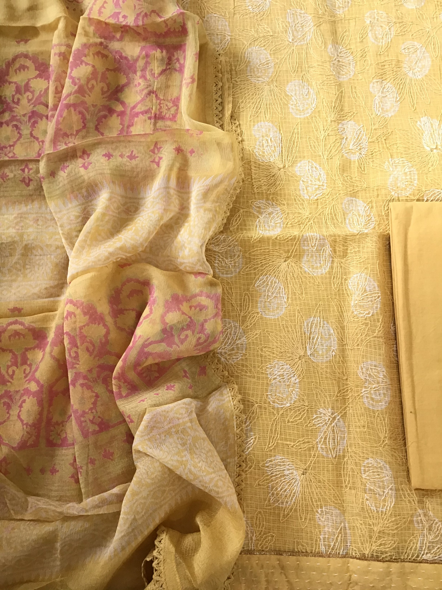 Pure Kota Cotton Printed Embroidered Suit - Yellow