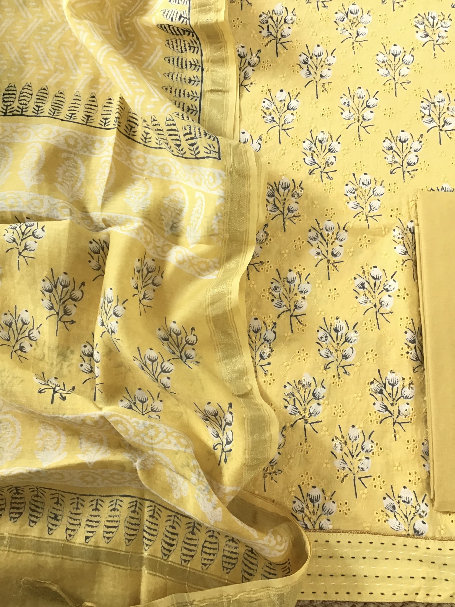 Pure Cotton Printed Embroidered Suit - Yellow