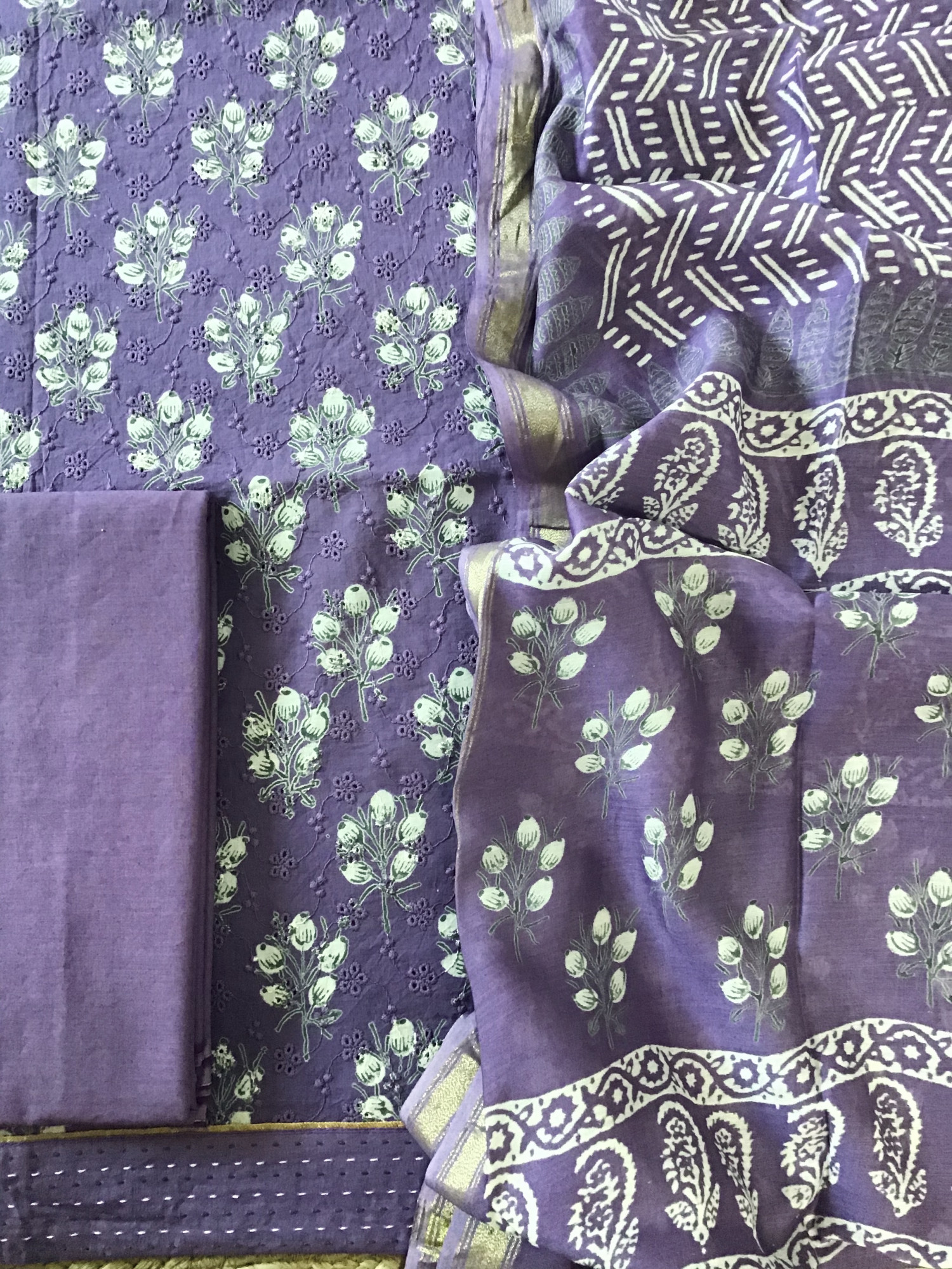 Pure Cotton Printed Embroidered Suit - Purple