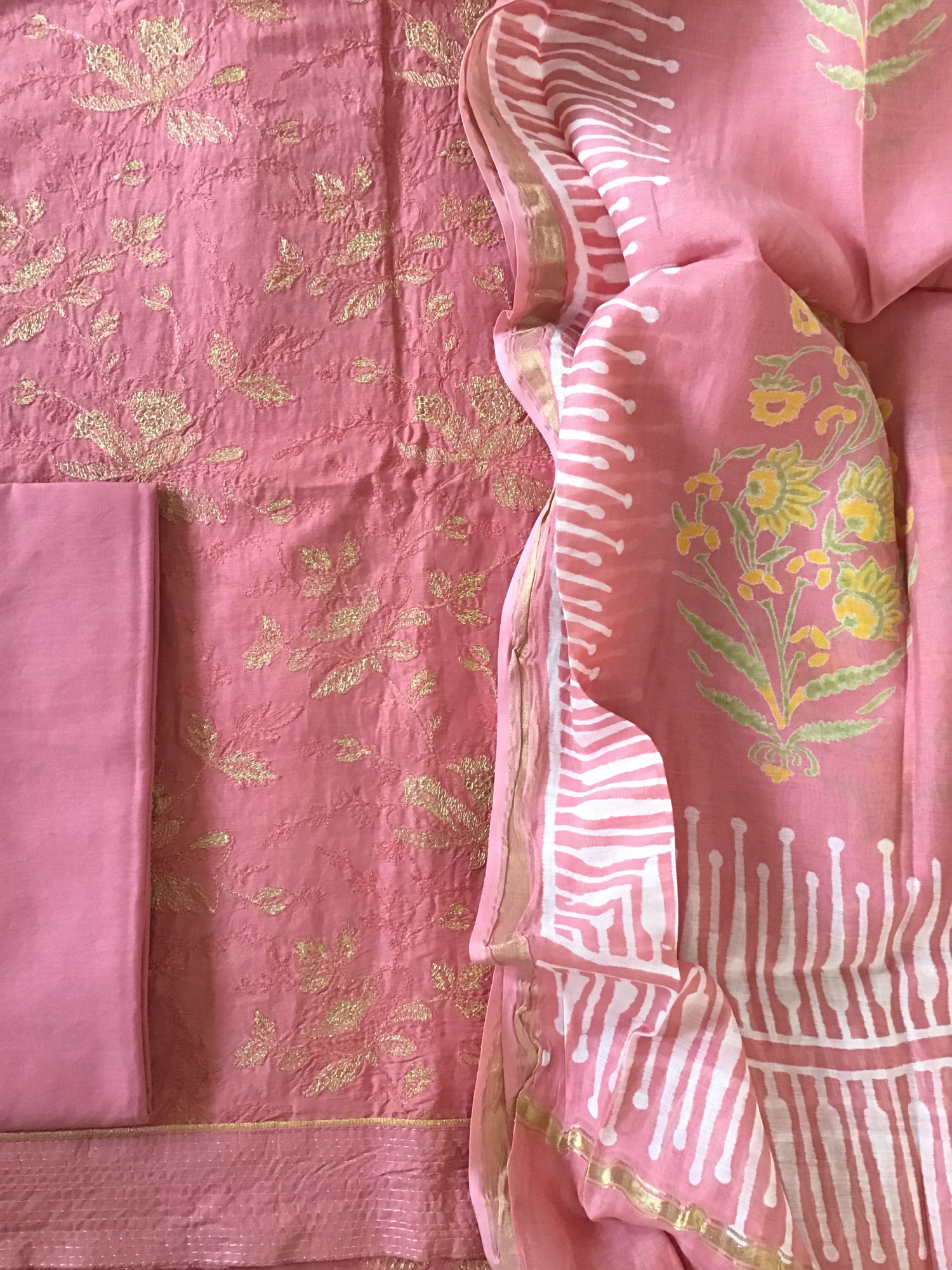 Soft Slub Silk Embroidered Suit - Pink