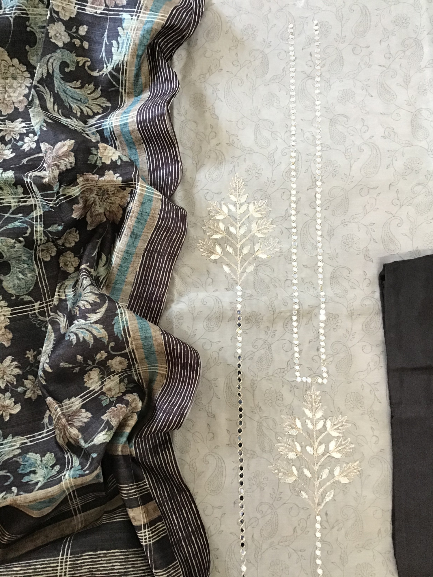 Soft Chanderi Cotton Printed Embroidered Suit - BeigeBrown