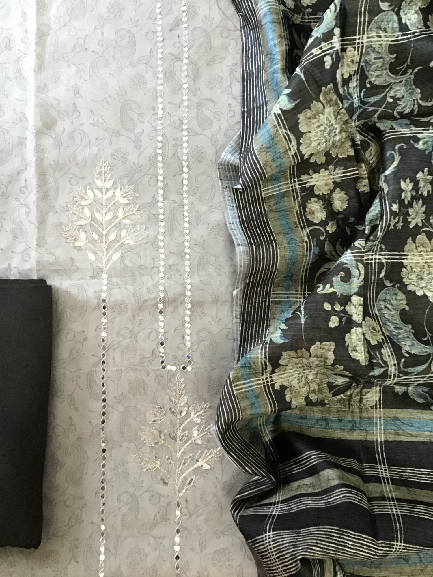 Soft Chanderi Cotton Printed Embroidered Suit - BeigeGreen