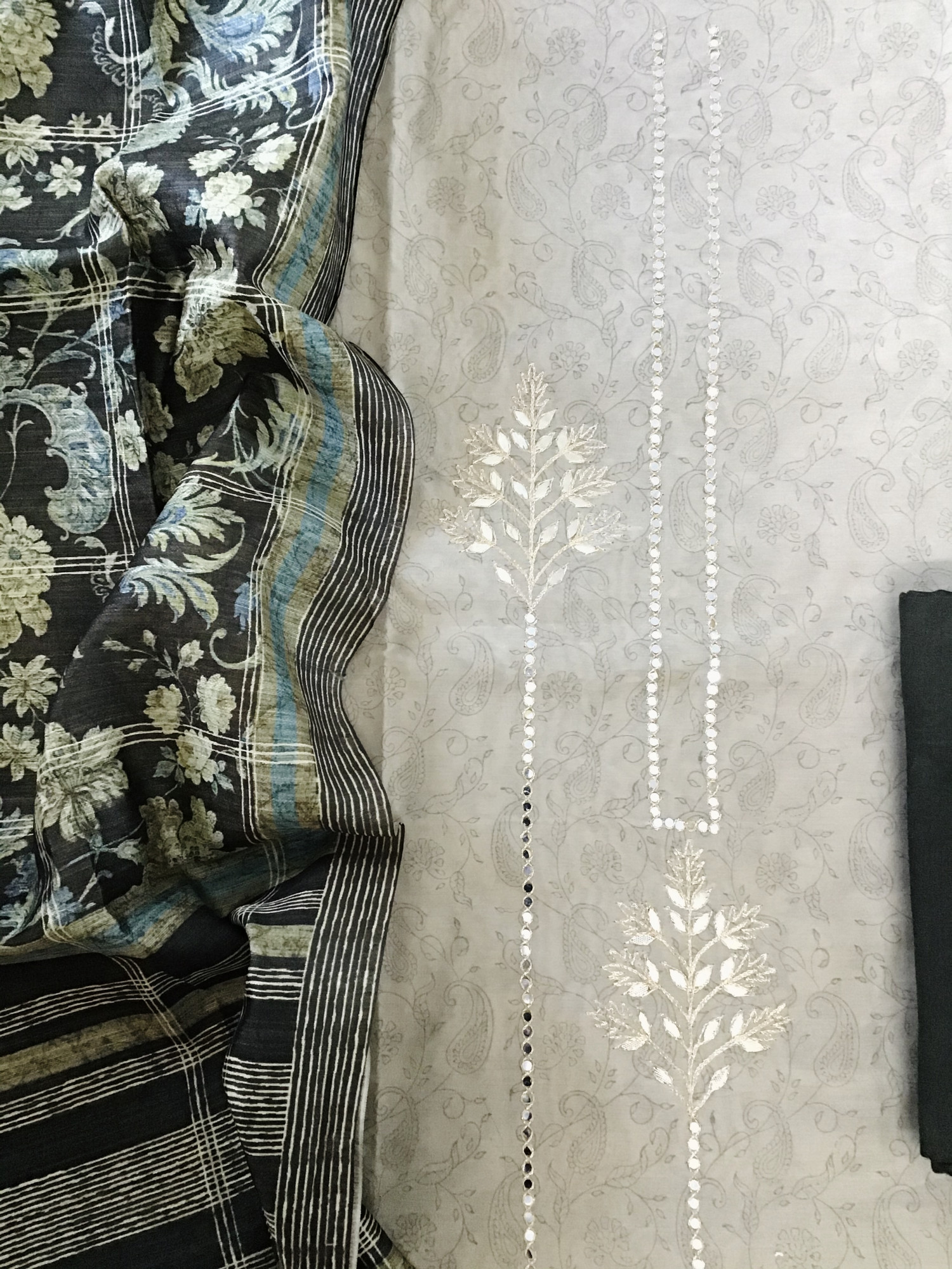 Soft Chanderi Cotton Printed Embroidered Suit - BeigeGreen