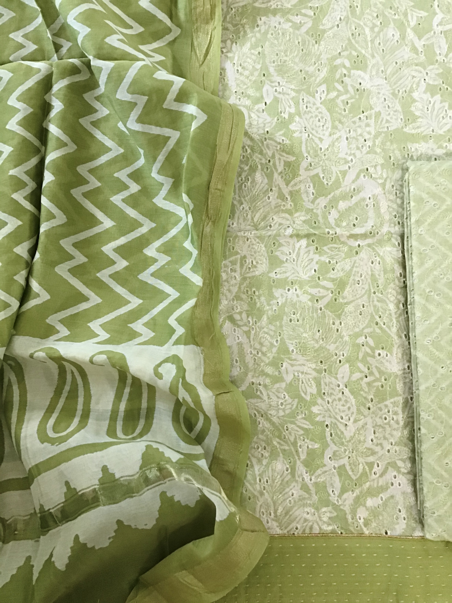 Pure Cotton Printed Embroidered Suit - Green