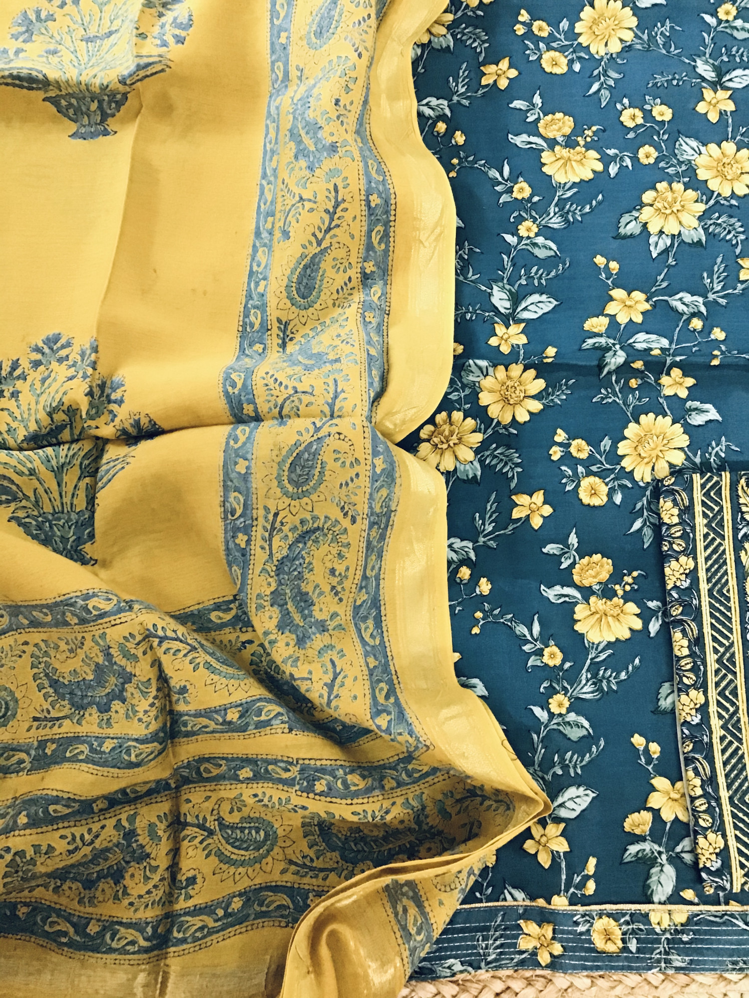 Pure Muslin Silk Printed Suit - Indigo