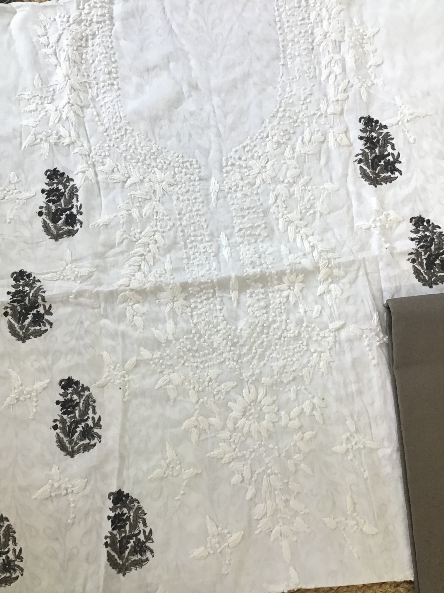 Pure Cotton Printed Embroidered Suit - White