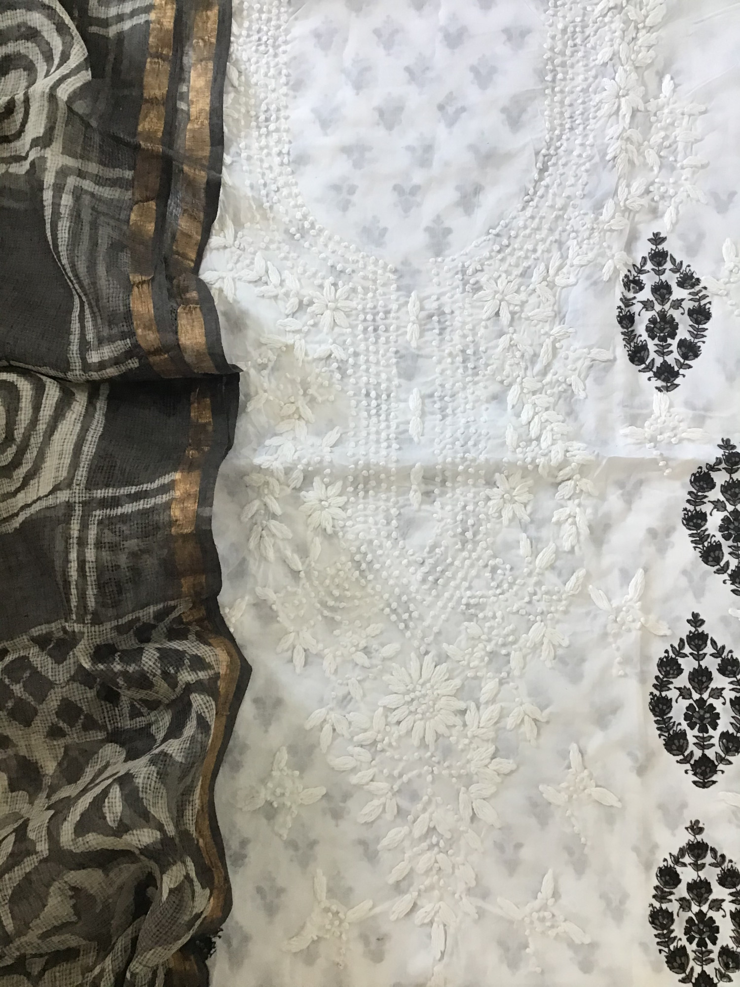 Pure Cotton Printed Embroidered Suit - White