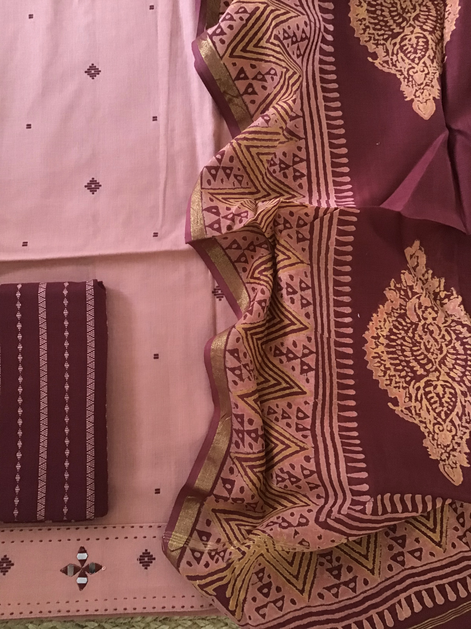 Pure Handloom Cotton Self Weaved Embroidered Suit - Pink