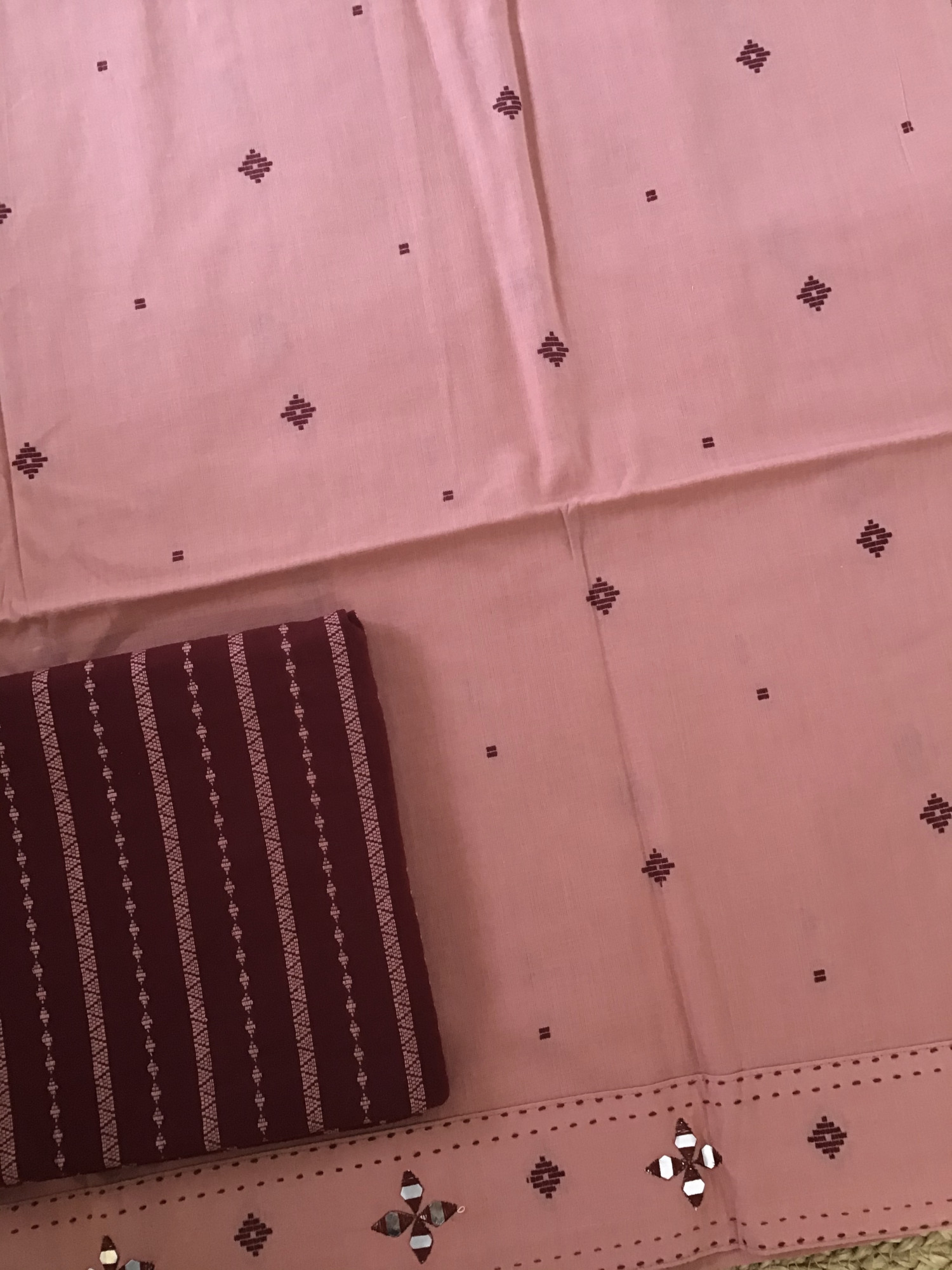 Pure Handloom Cotton Self Weaved Embroidered Suit - Pink