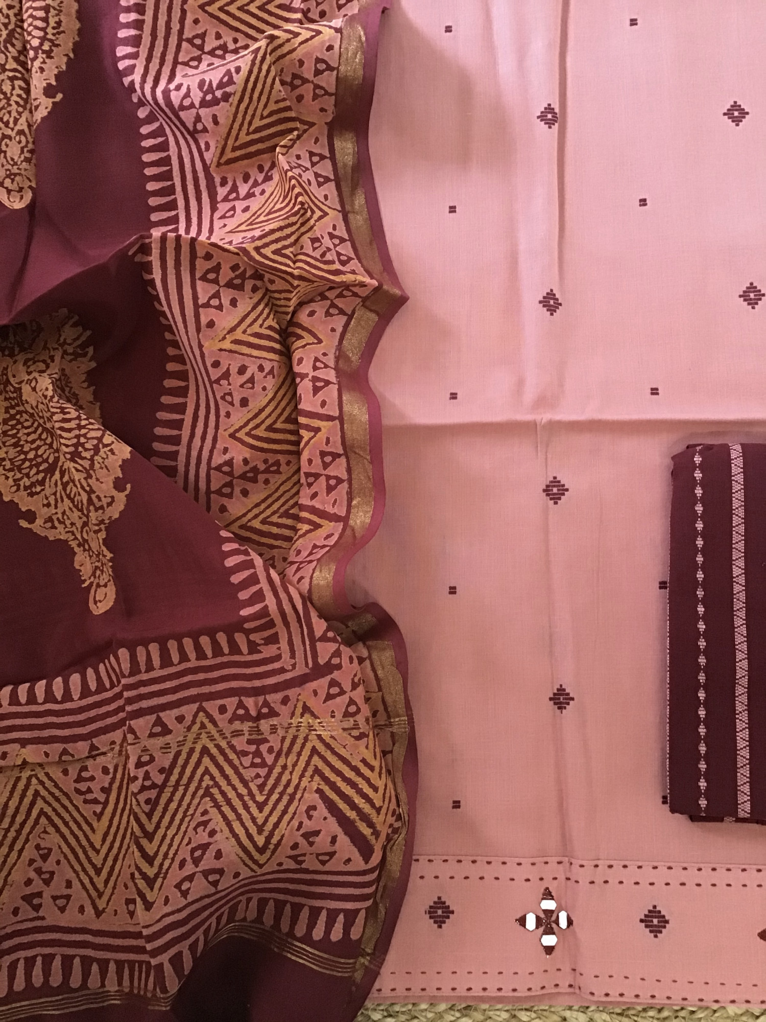 Pure Handloom Cotton Self Weaved Embroidered Suit - Pink