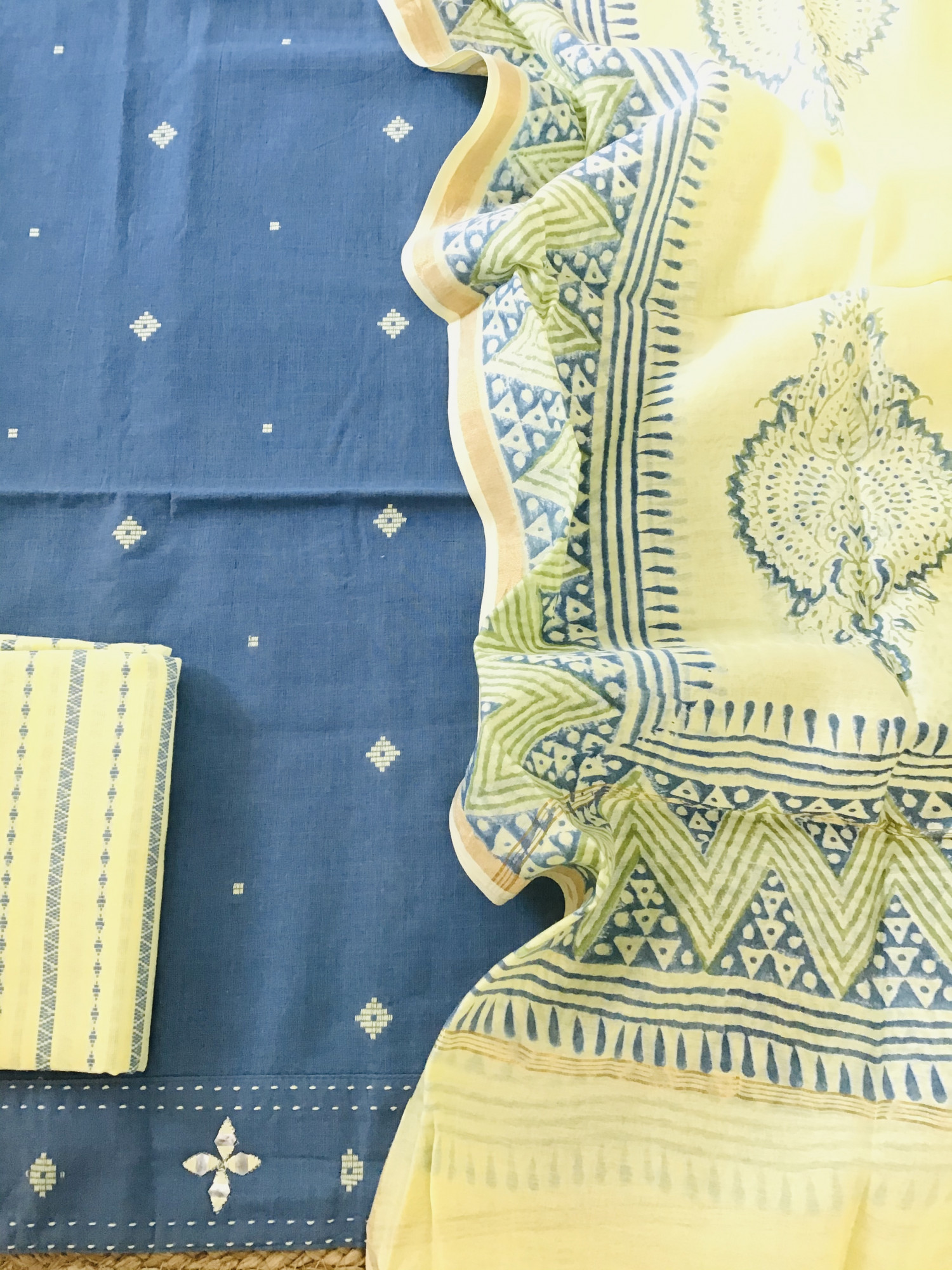 Pure Handloom Cotton Self Weaved Embroidered Suit - Blue