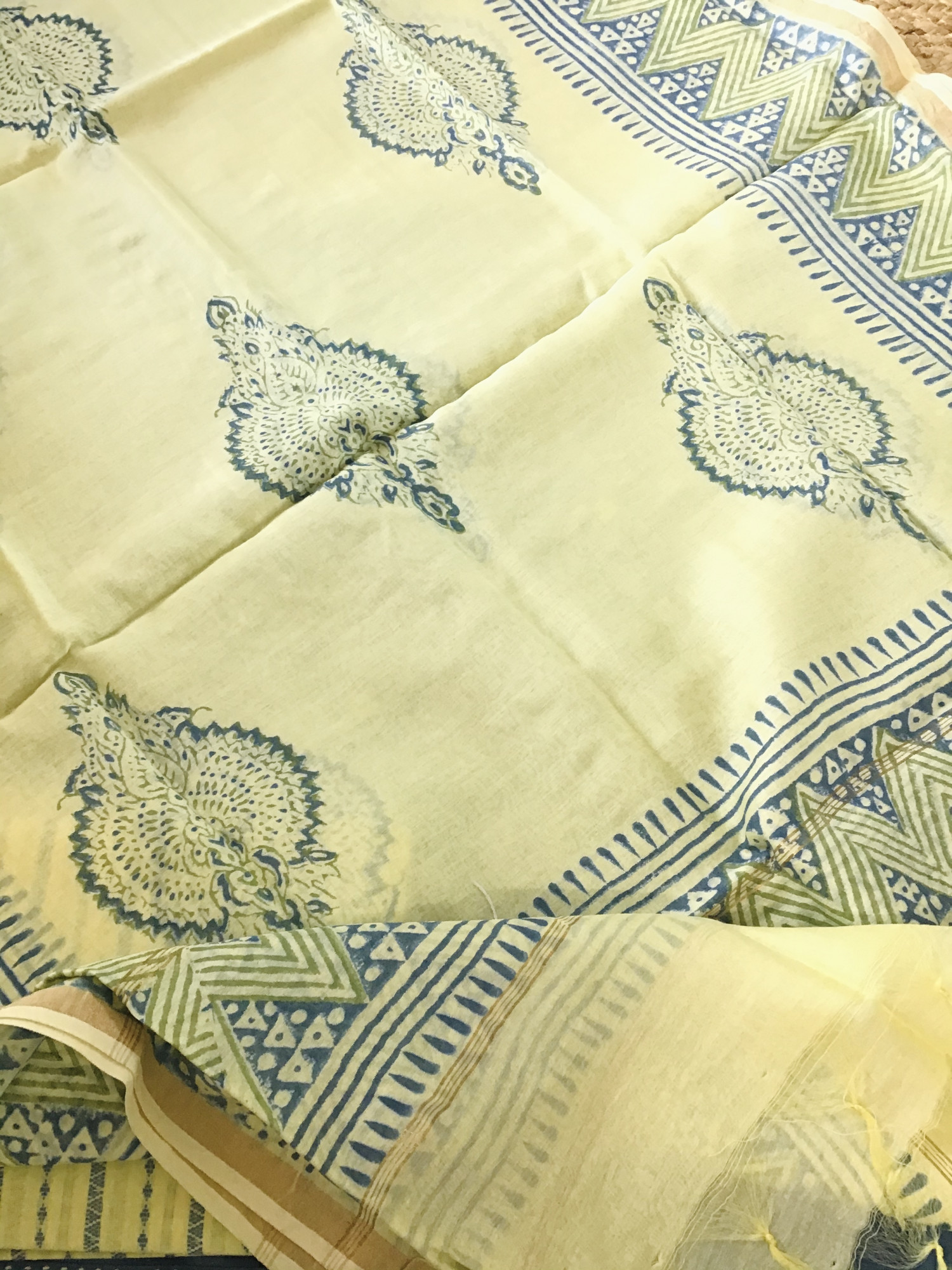 Pure Handloom Cotton Self Weaved Embroidered Suit - Blue