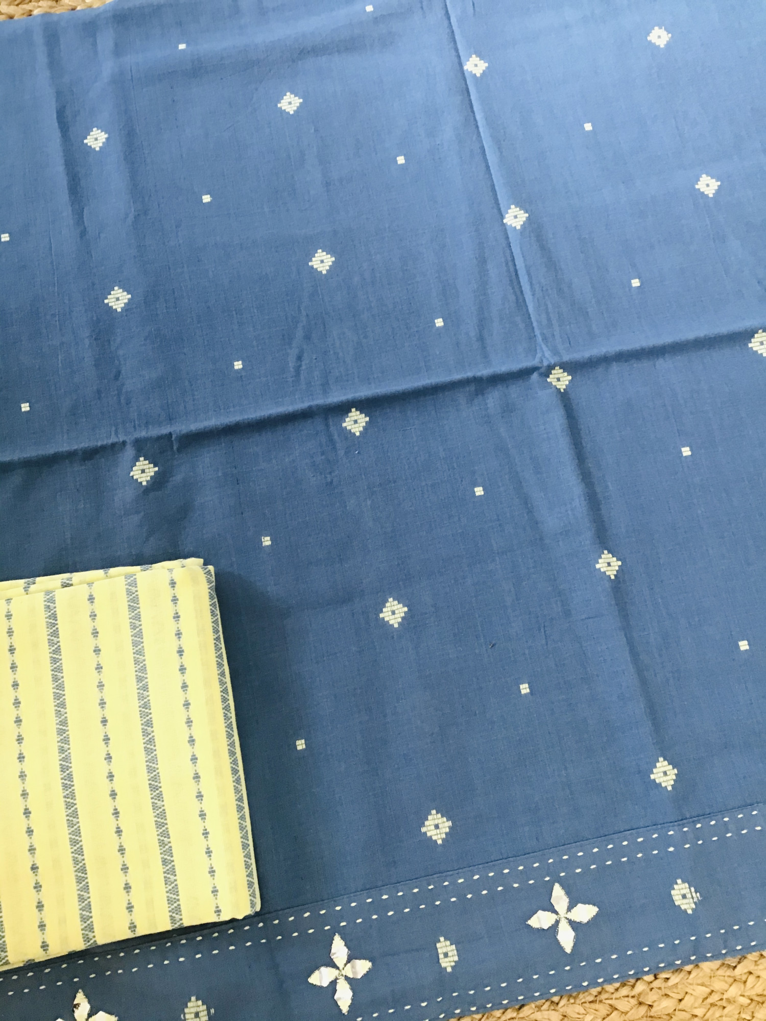 Pure Handloom Cotton Self Weaved Embroidered Suit - Blue