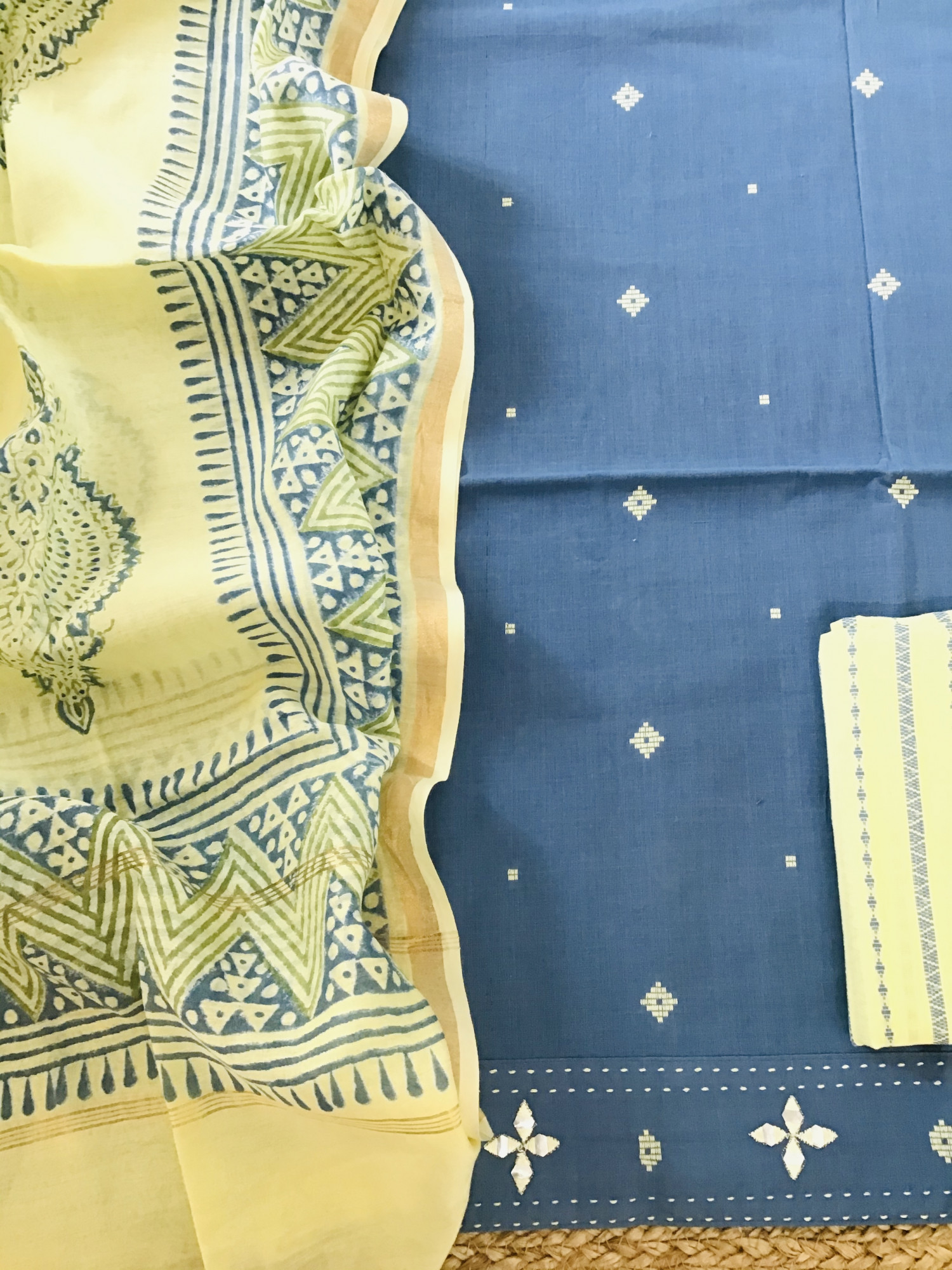 Pure Handloom Cotton Self Weaved Embroidered Suit - Blue