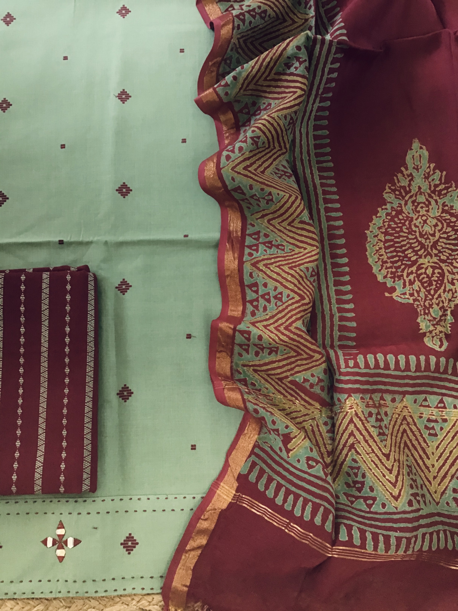 Pure Handloom Cotton Self Weaved Embroidered Suit - Green