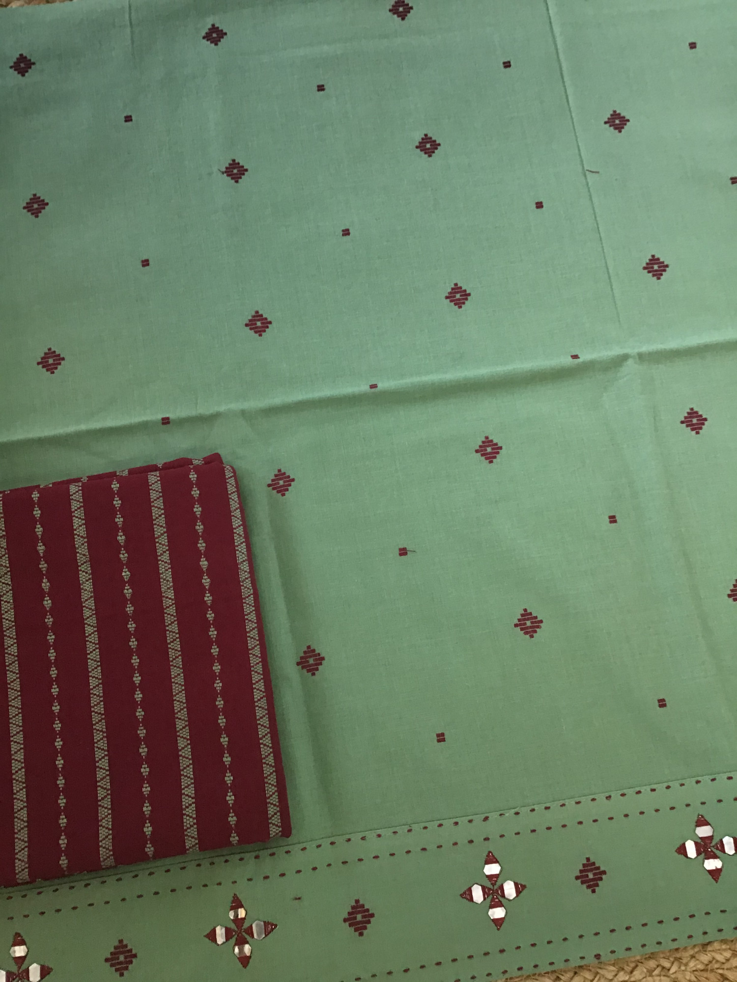 Pure Handloom Cotton Self Weaved Embroidered Suit - Green