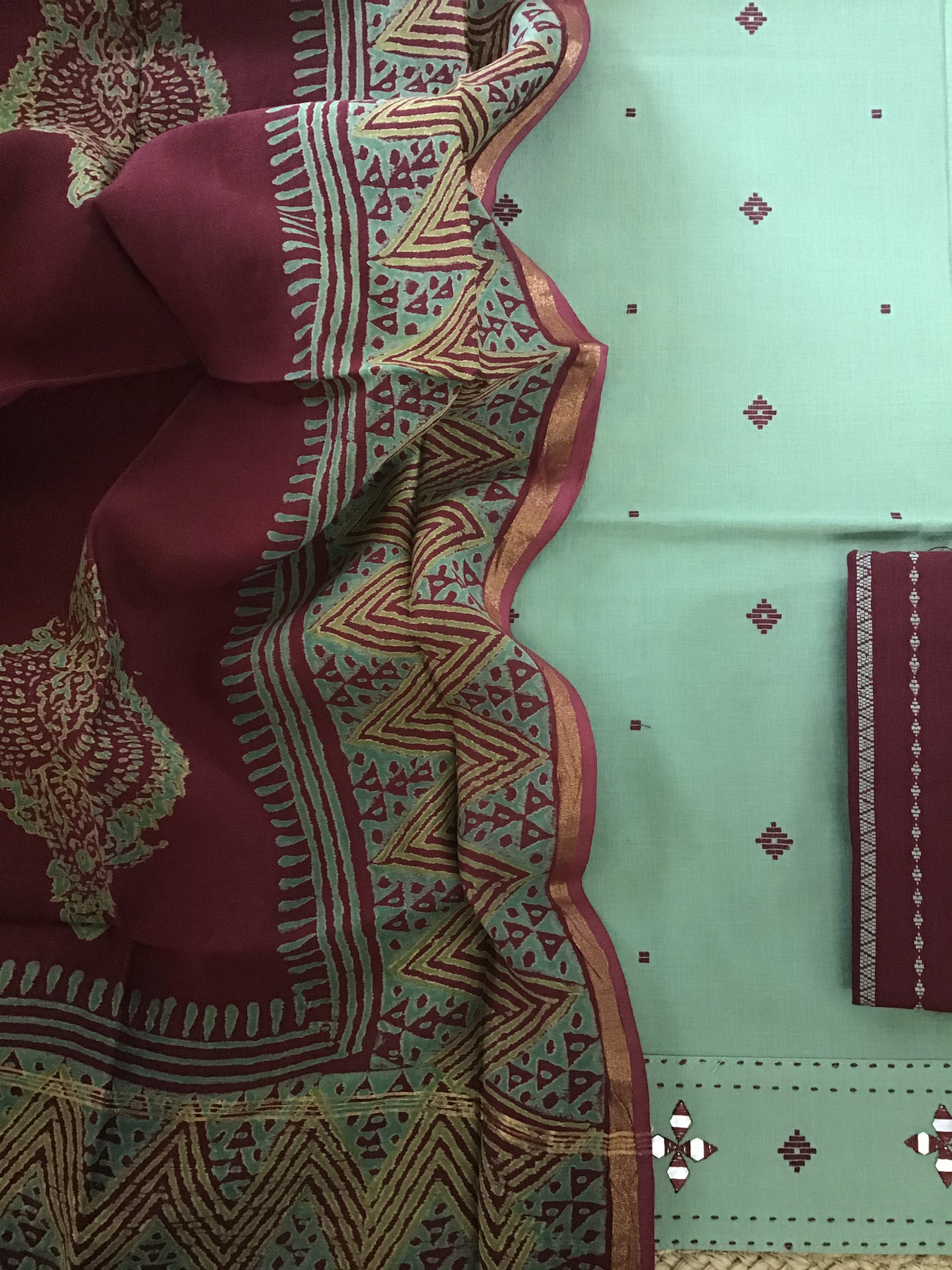 Pure Handloom Cotton Self Weaved Embroidered Suit - Green