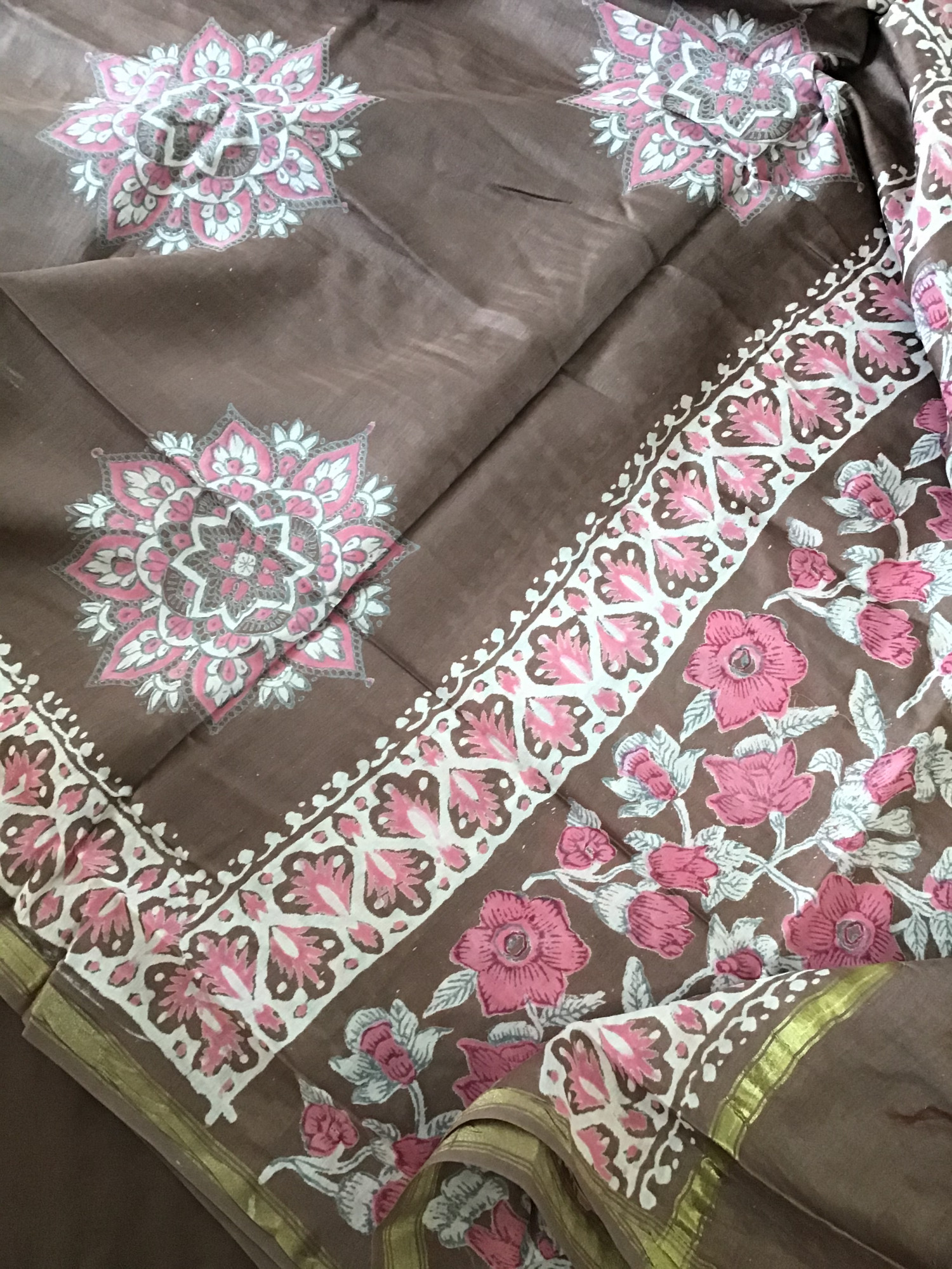 Pure Cotton Printed Embroidered Suit - Brown