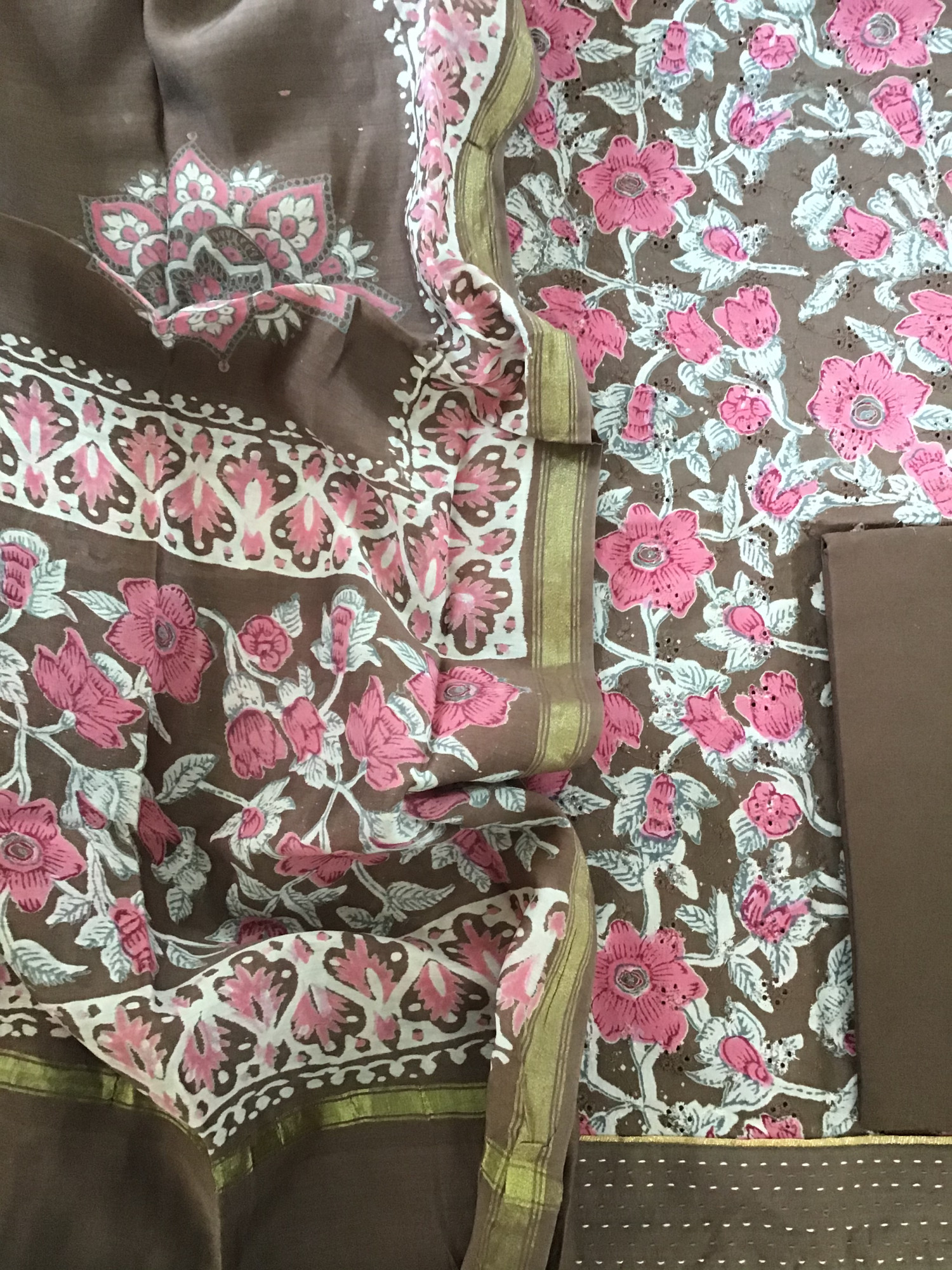 Pure Cotton Printed Embroidered Suit - Brown