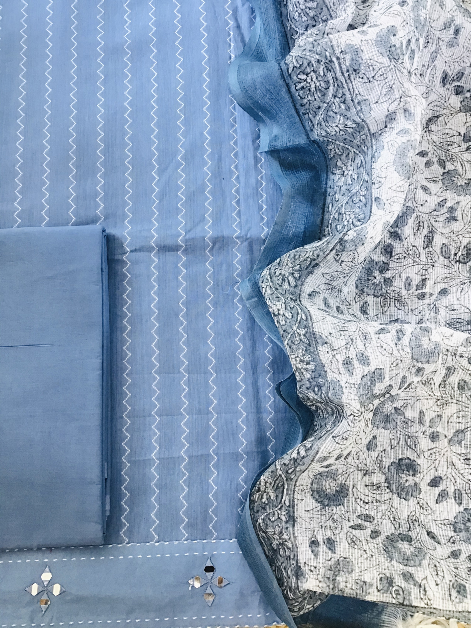 Pure Handloom Cotton Self Weaved Embroidered Suit - Blue