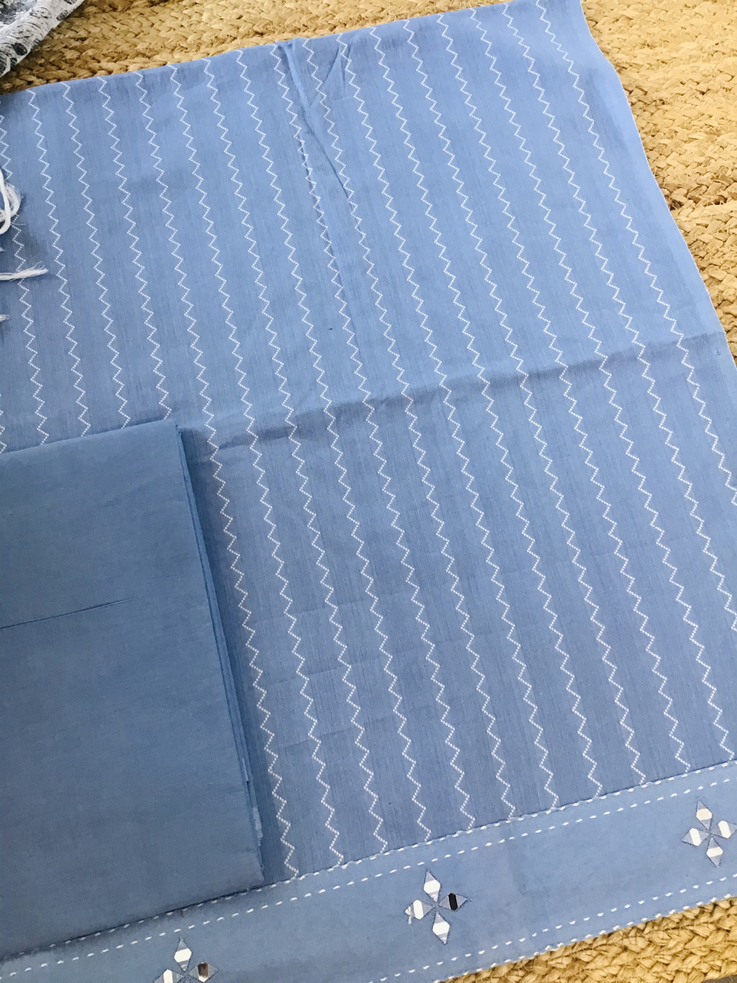 Pure Handloom Cotton Self Weaved Embroidered Suit - Blue