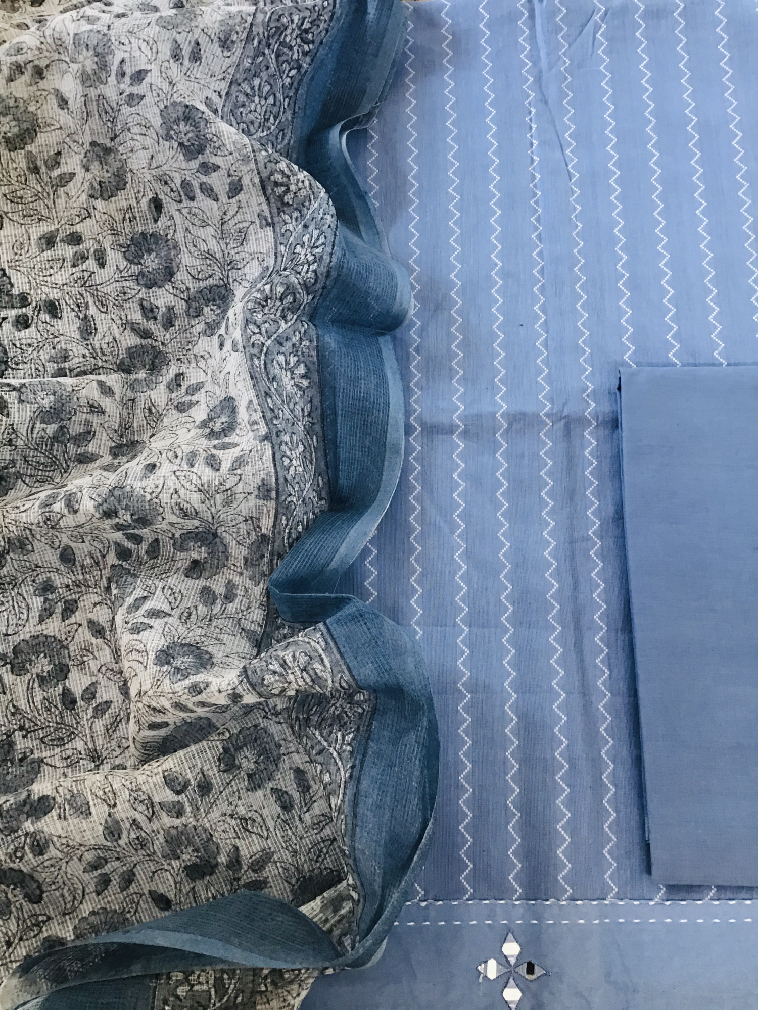 Pure Handloom Cotton Self Weaved Embroidered Suit - Blue