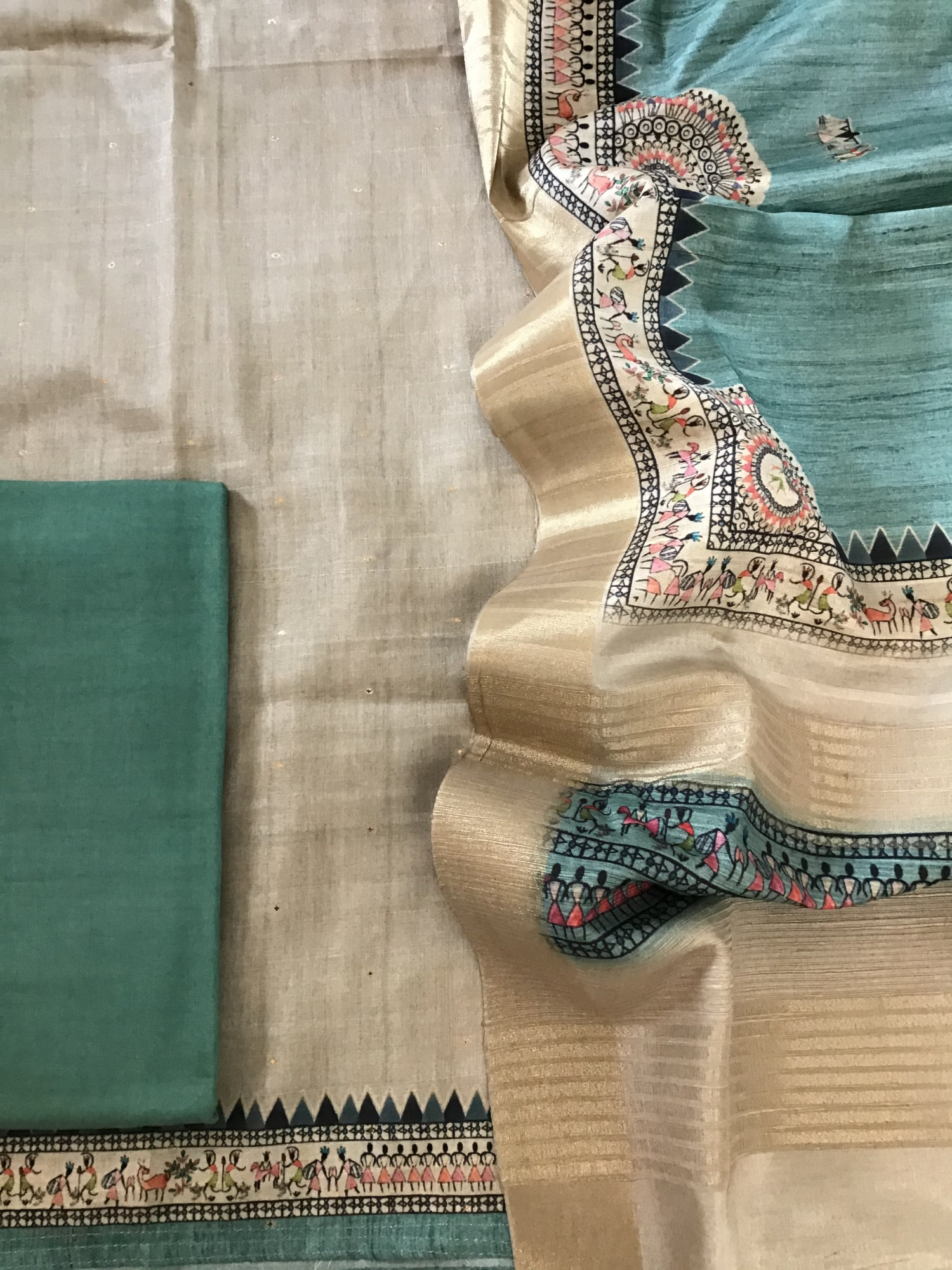 Soft Semi Tussar Printed Embroidered Suit - BEIGE