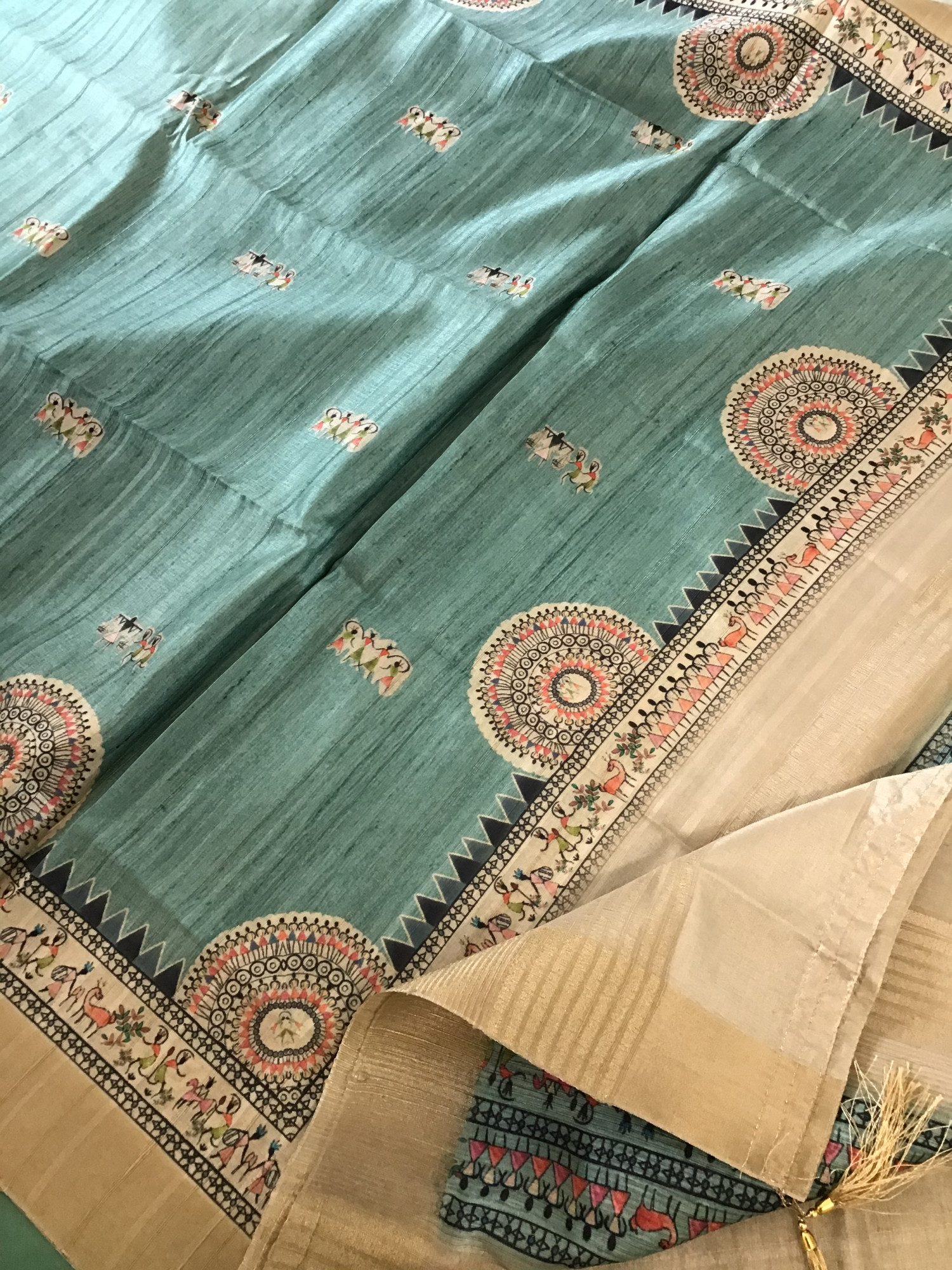 Soft Semi Tussar Printed Embroidered Suit - BEIGE