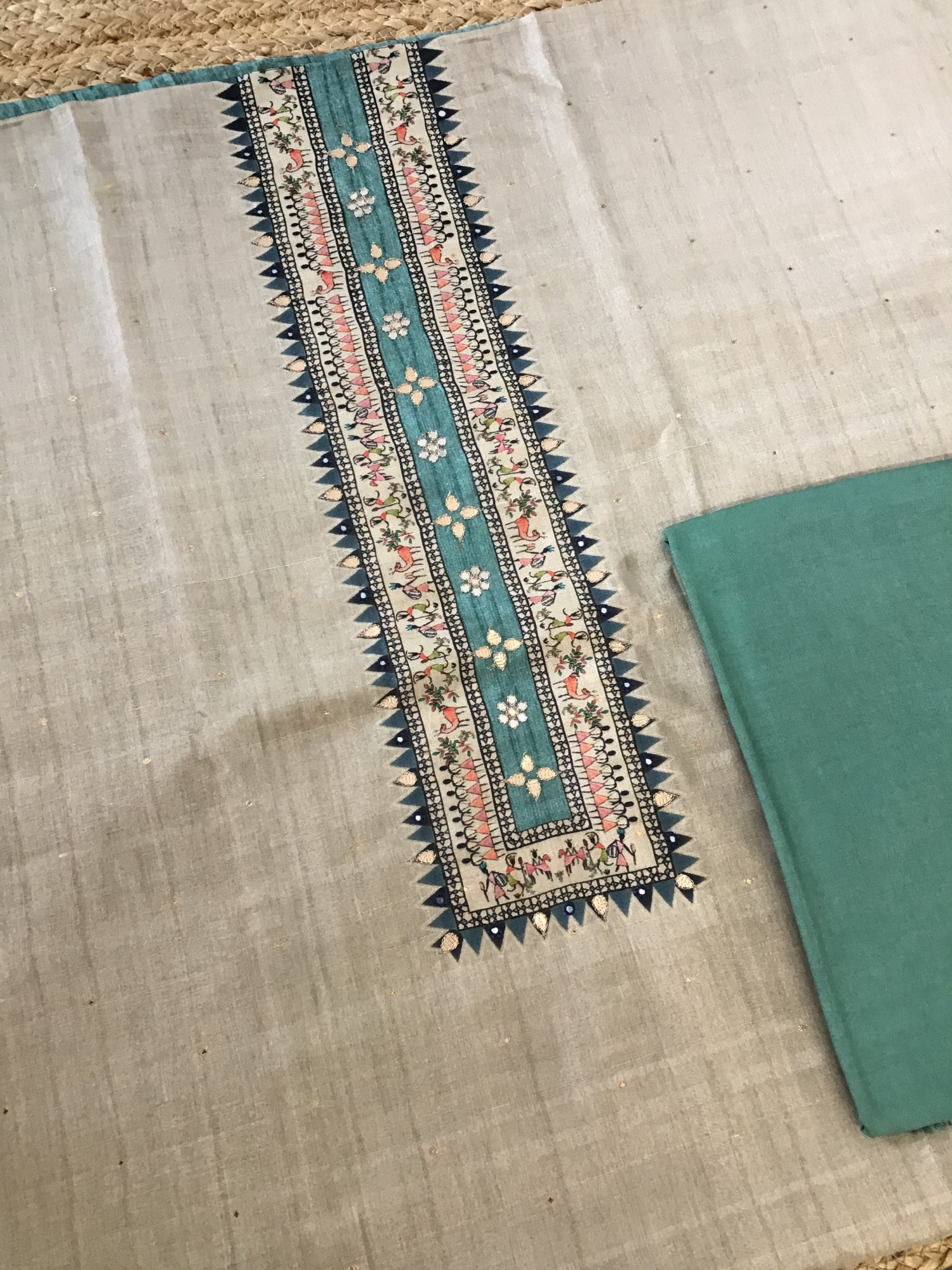 Soft Semi Tussar Printed Embroidered Suit - BEIGE