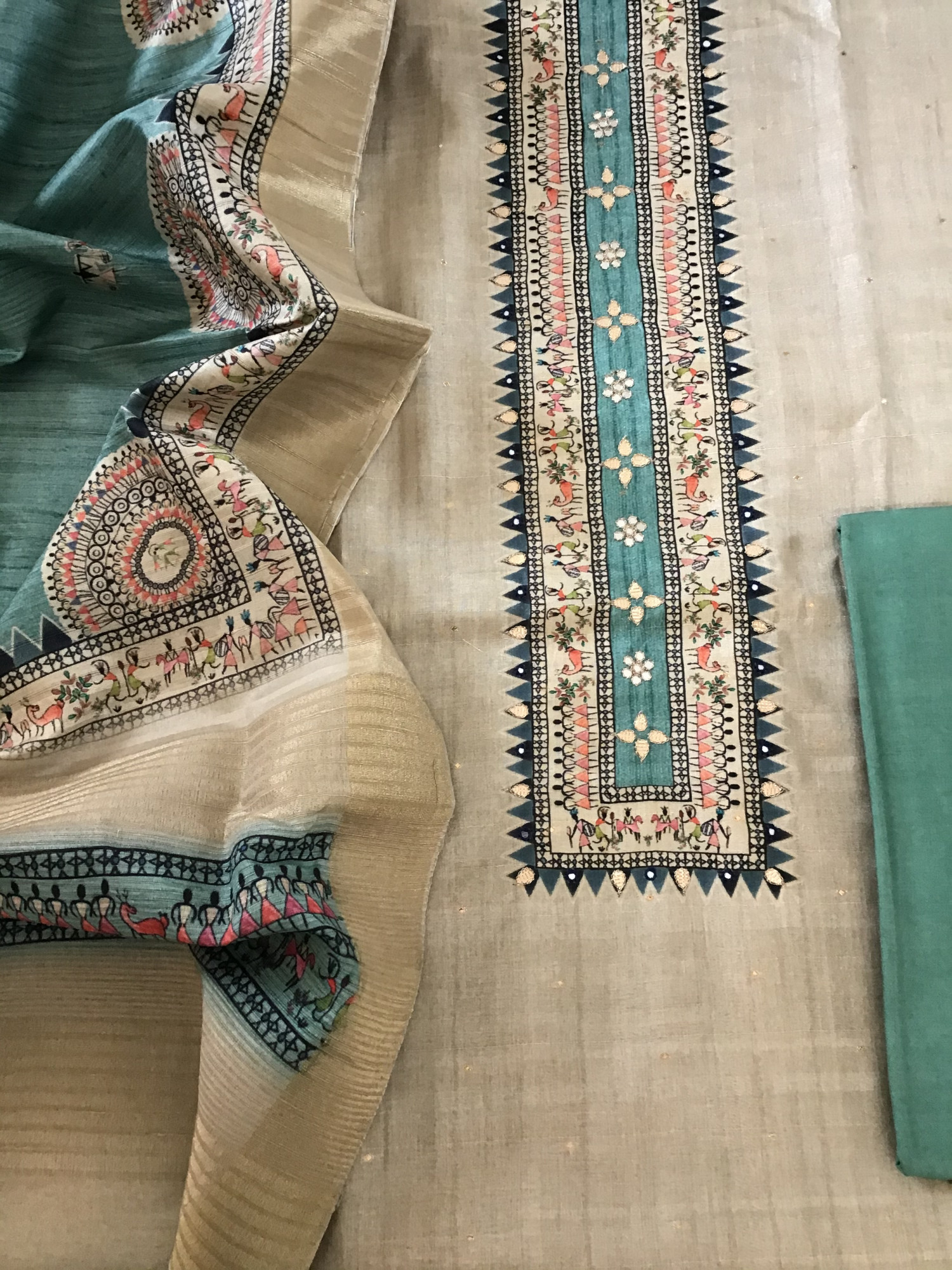 Soft Semi Tussar Printed Embroidered Suit - BEIGE