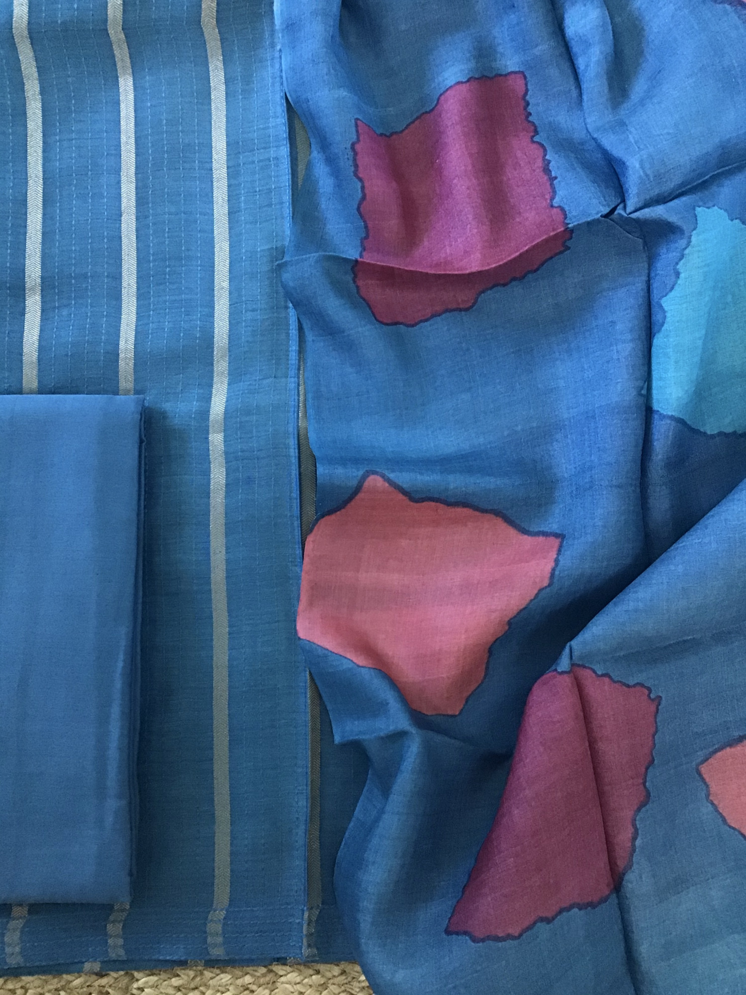 Soft Tussar Silk Zari Weaved Embroidered Suit - Blue