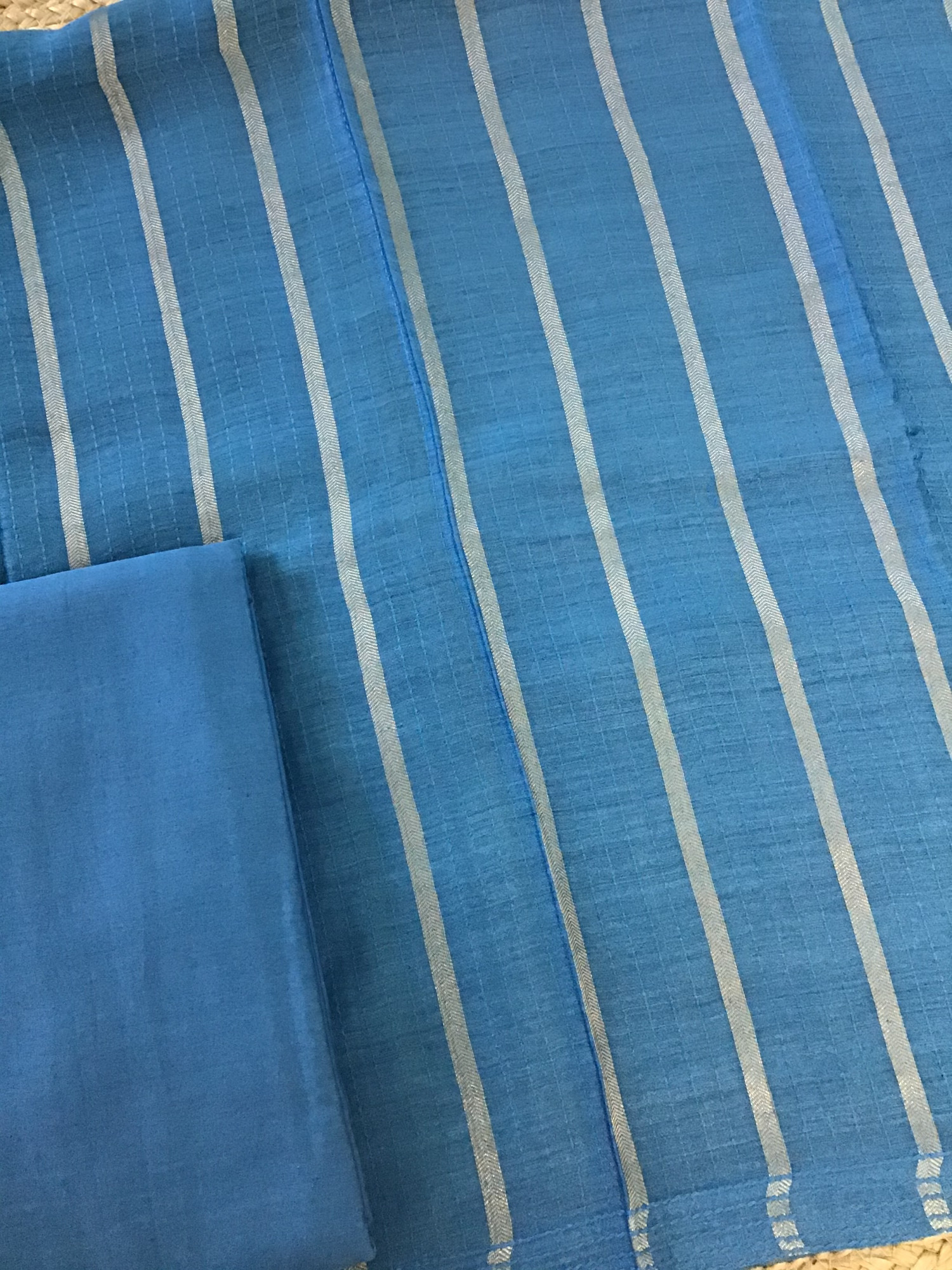 Soft Tussar Silk Zari Weaved Embroidered Suit - Blue