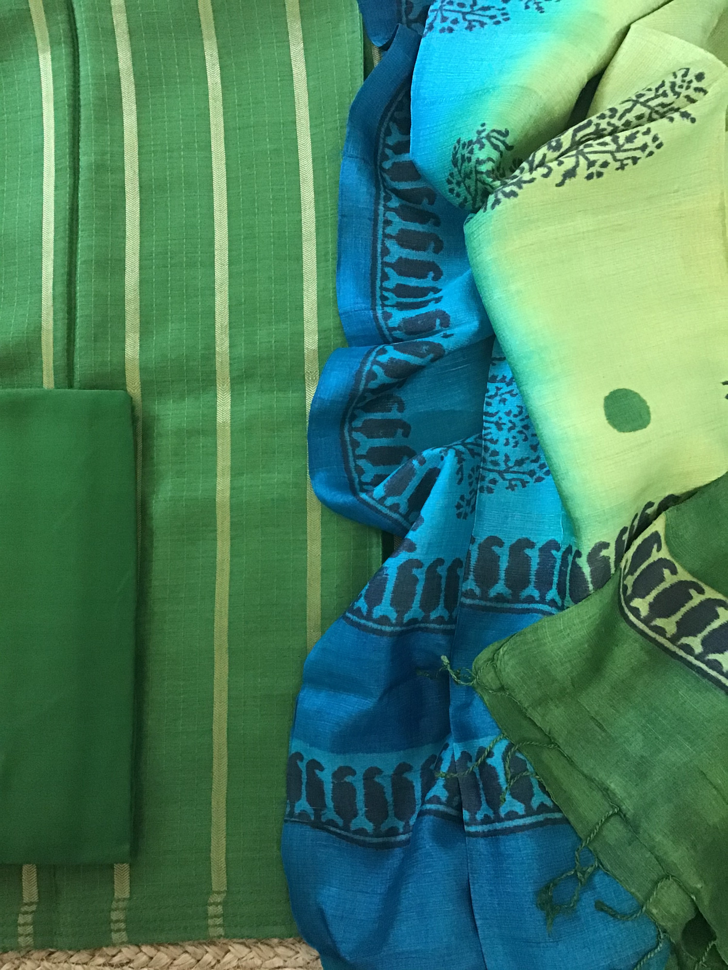 Soft Tussar Silk Zari Weaved Embroidered Suit - Green