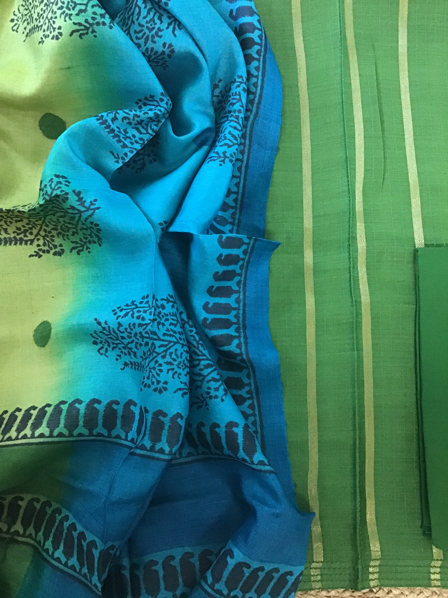 Soft Tussar Silk Zari Weaved Embroidered Suit - Green