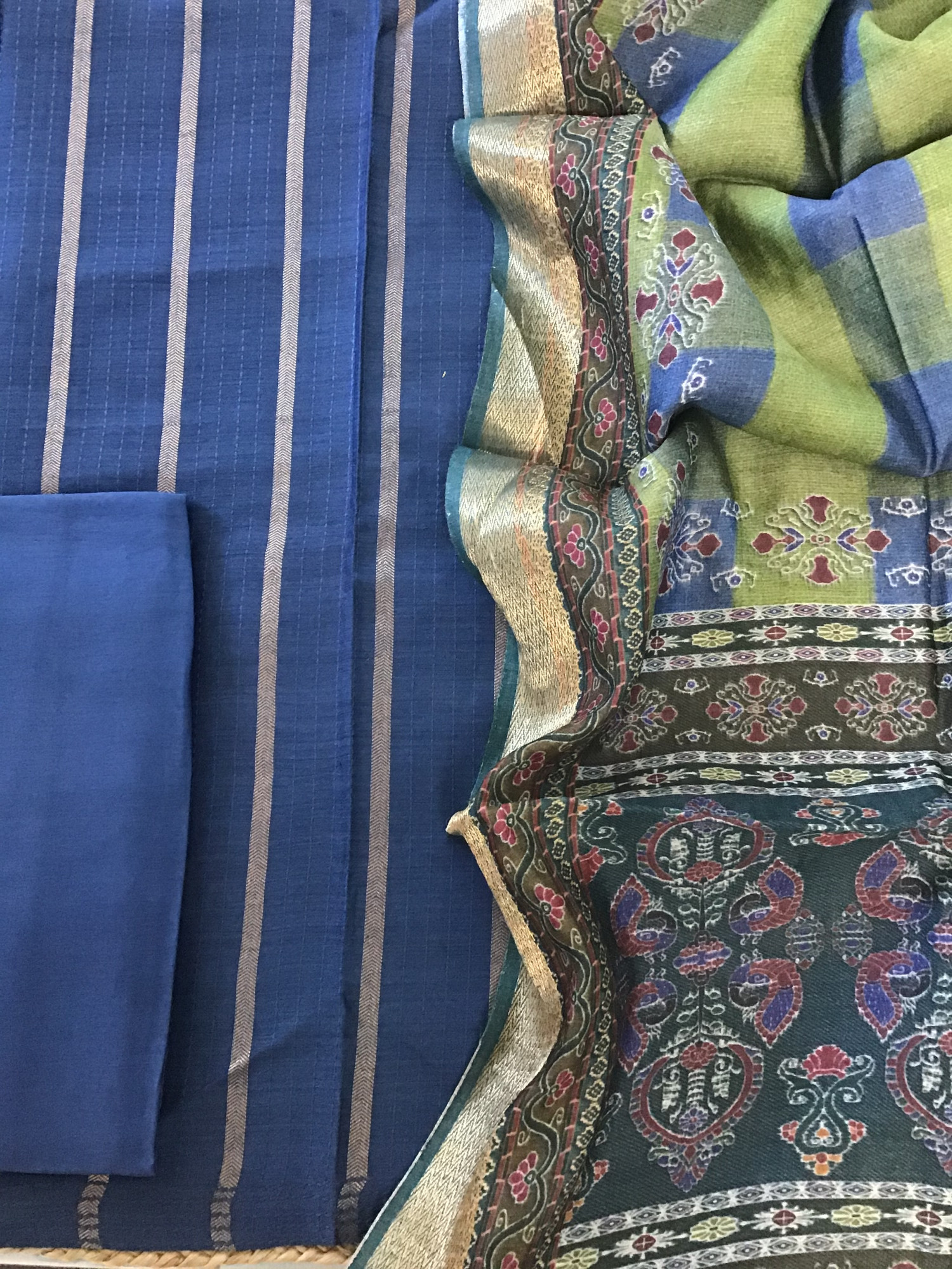 Soft Tussar Silk Zari Weaved Embroidered Suit - Blue