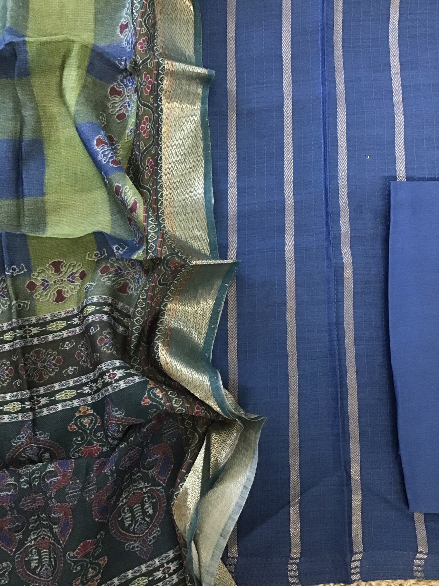 Soft Tussar Silk Zari Weaved Embroidered Suit - Blue