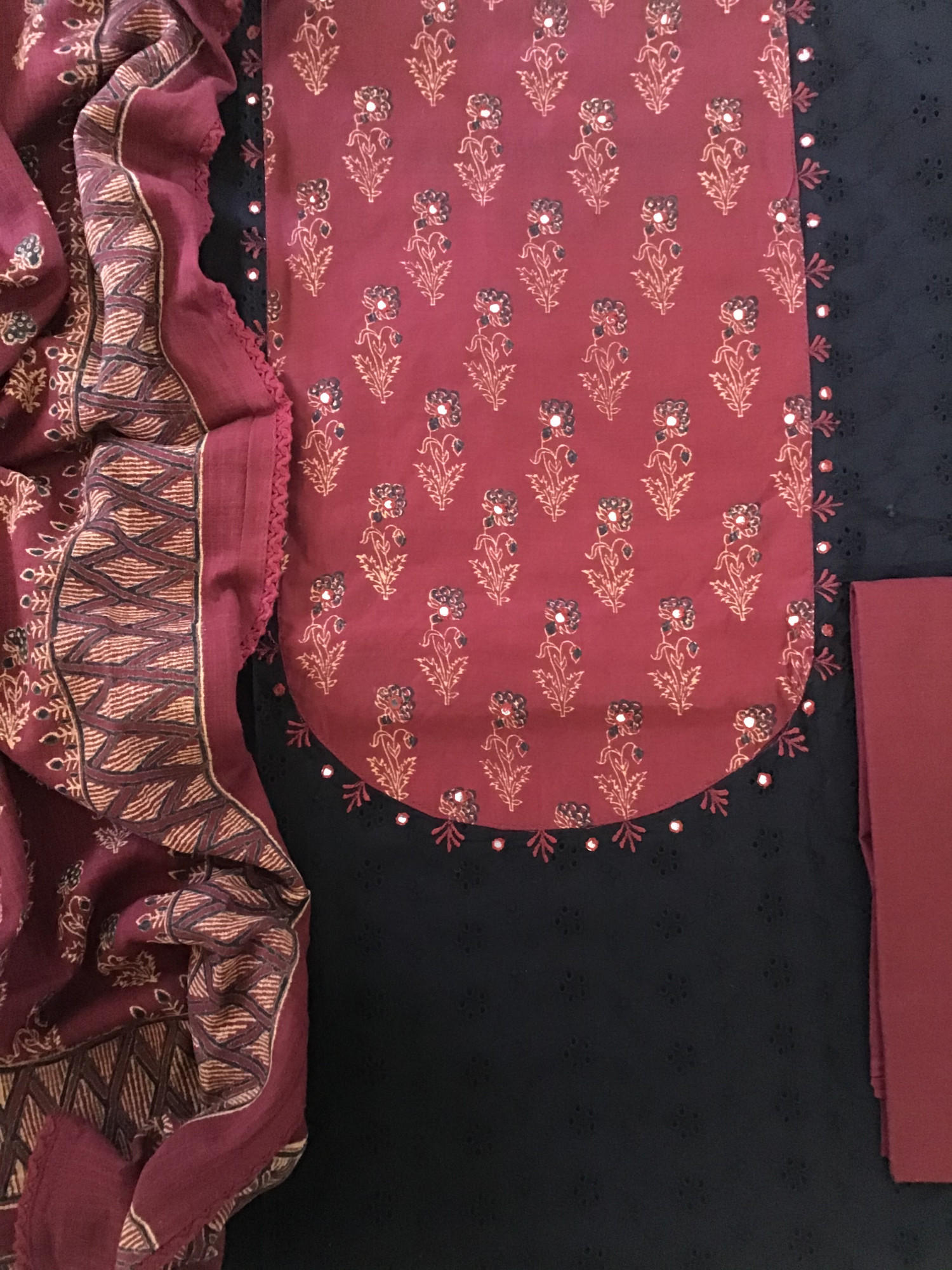 Pure Cotton Embroidered Suit - Black