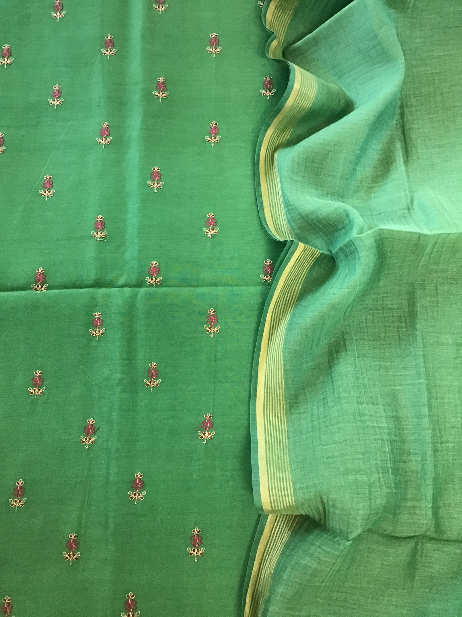 Pure Chanderi Embroidered Suit - Green