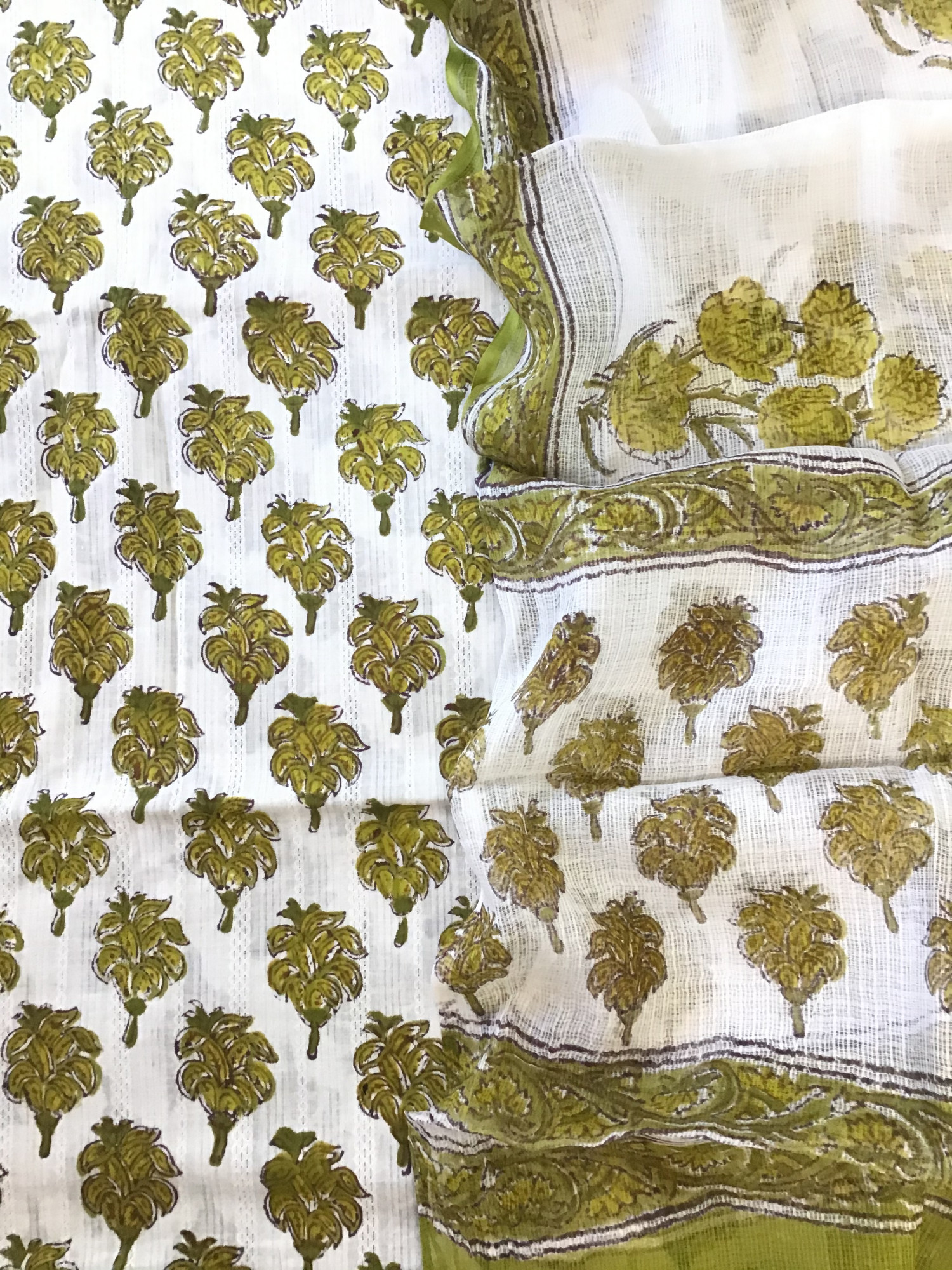 Pure Cotton Self Weaved Printed Suit - WhiteGreen