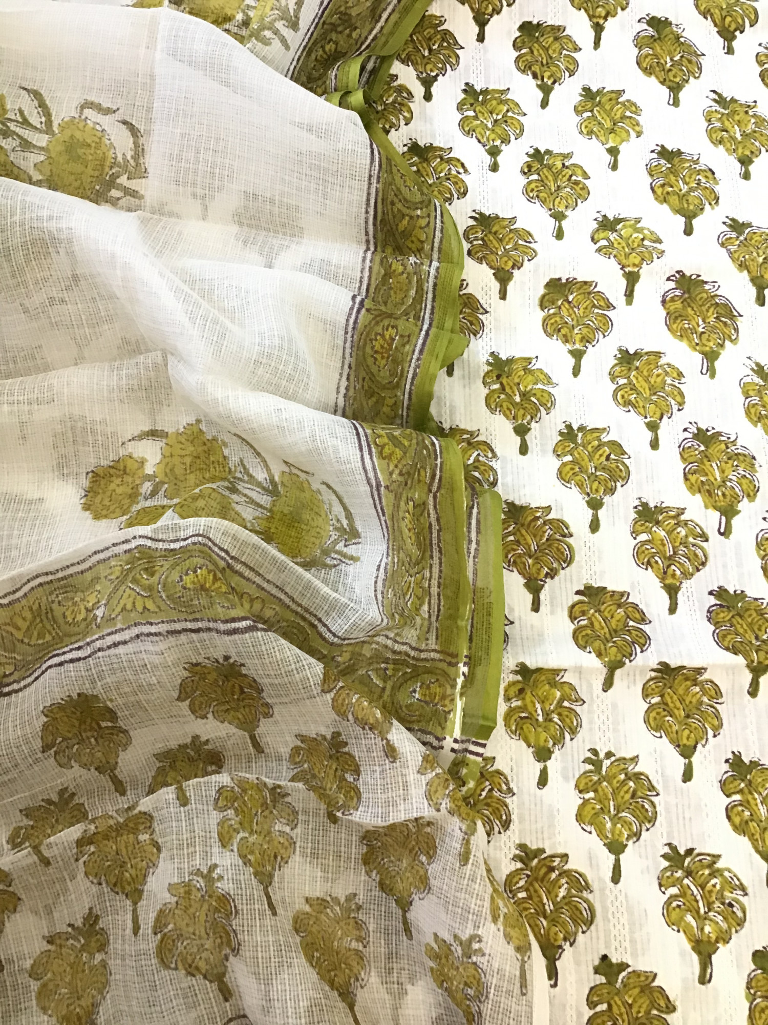 Pure Cotton Self Weaved Printed Suit - WhiteGreen