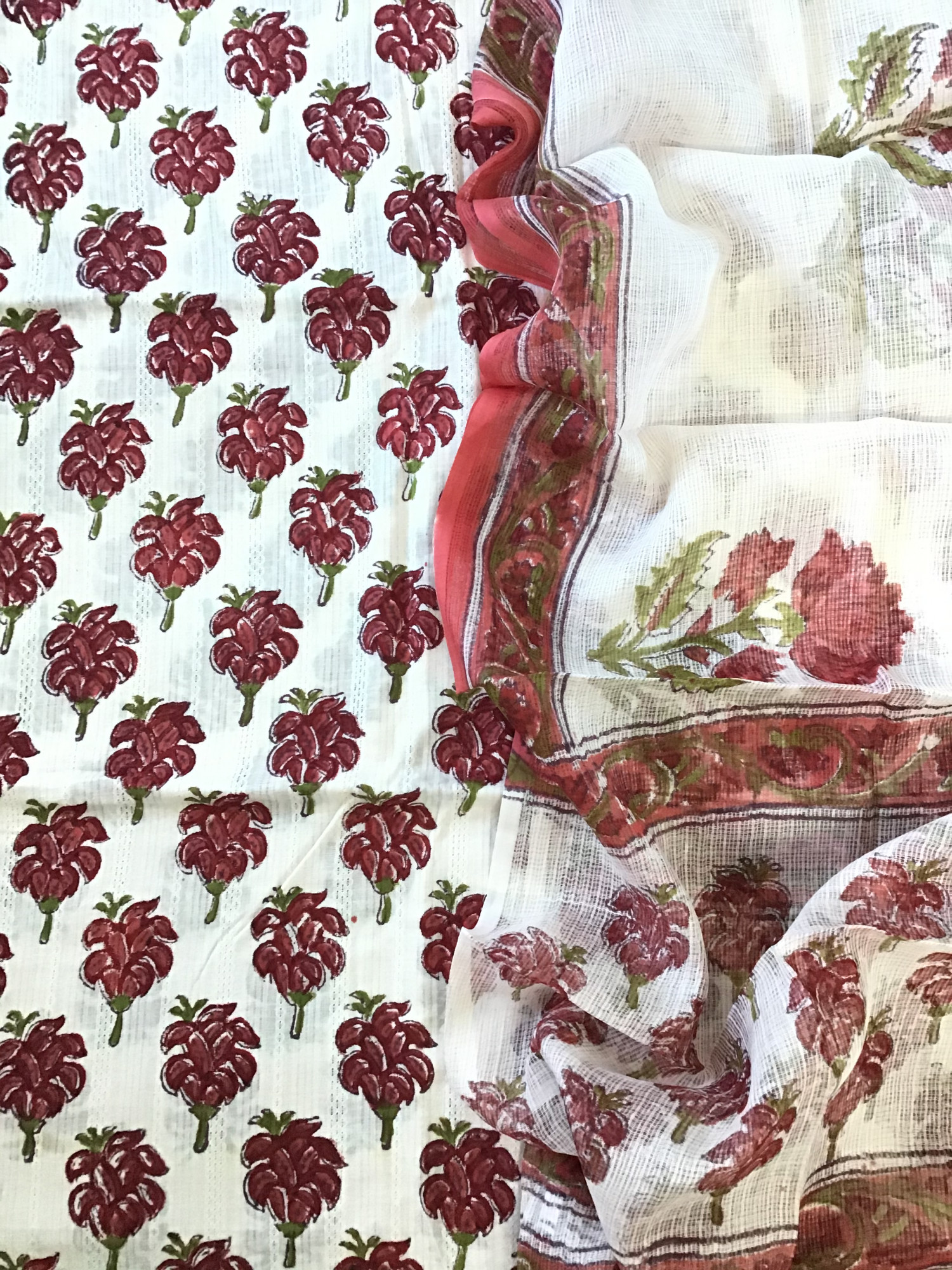 Pure Cotton Self Weaved Printed Suit - WhiteRed