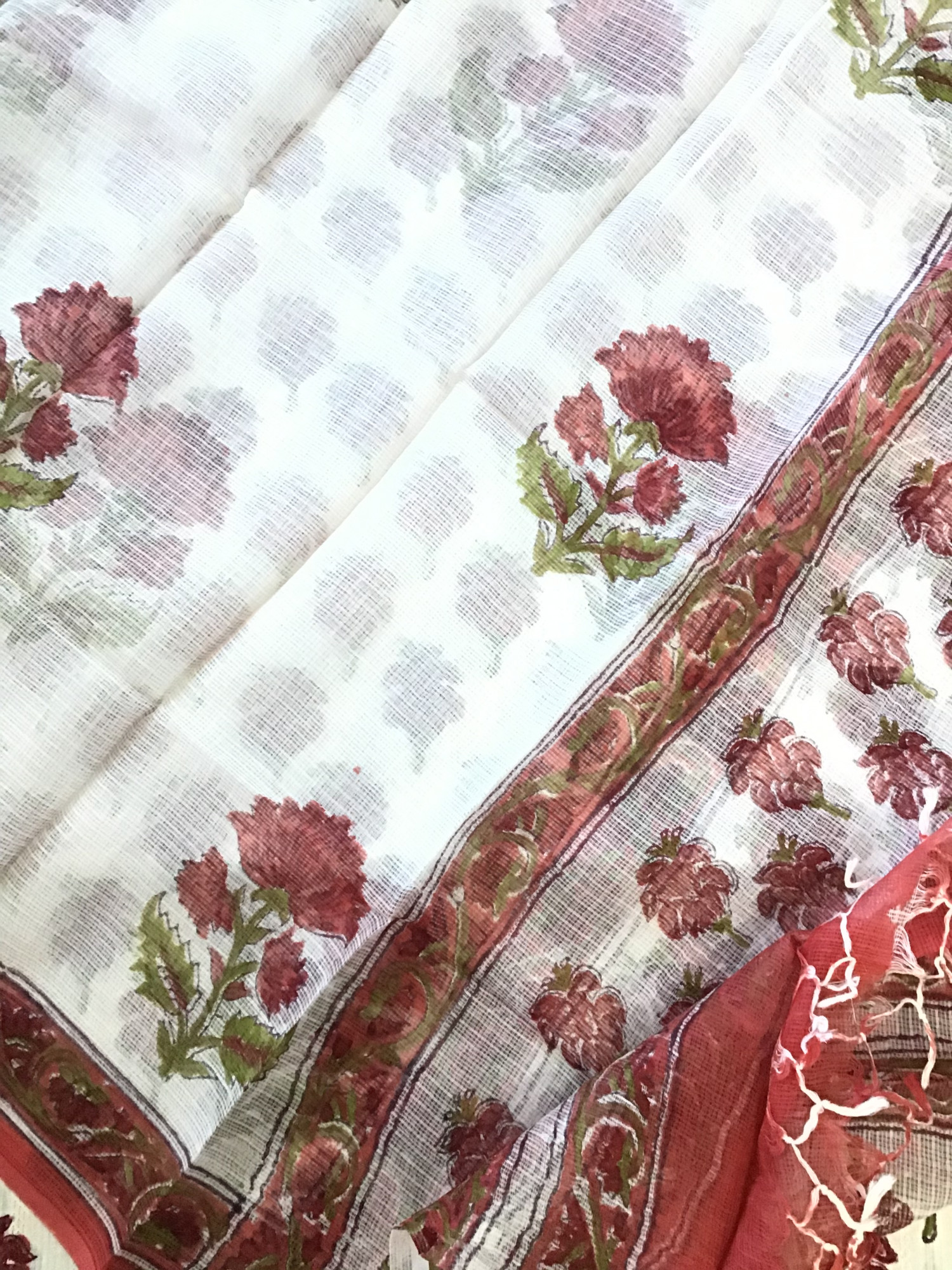 Pure Cotton Self Weaved Printed Suit - WhiteRed
